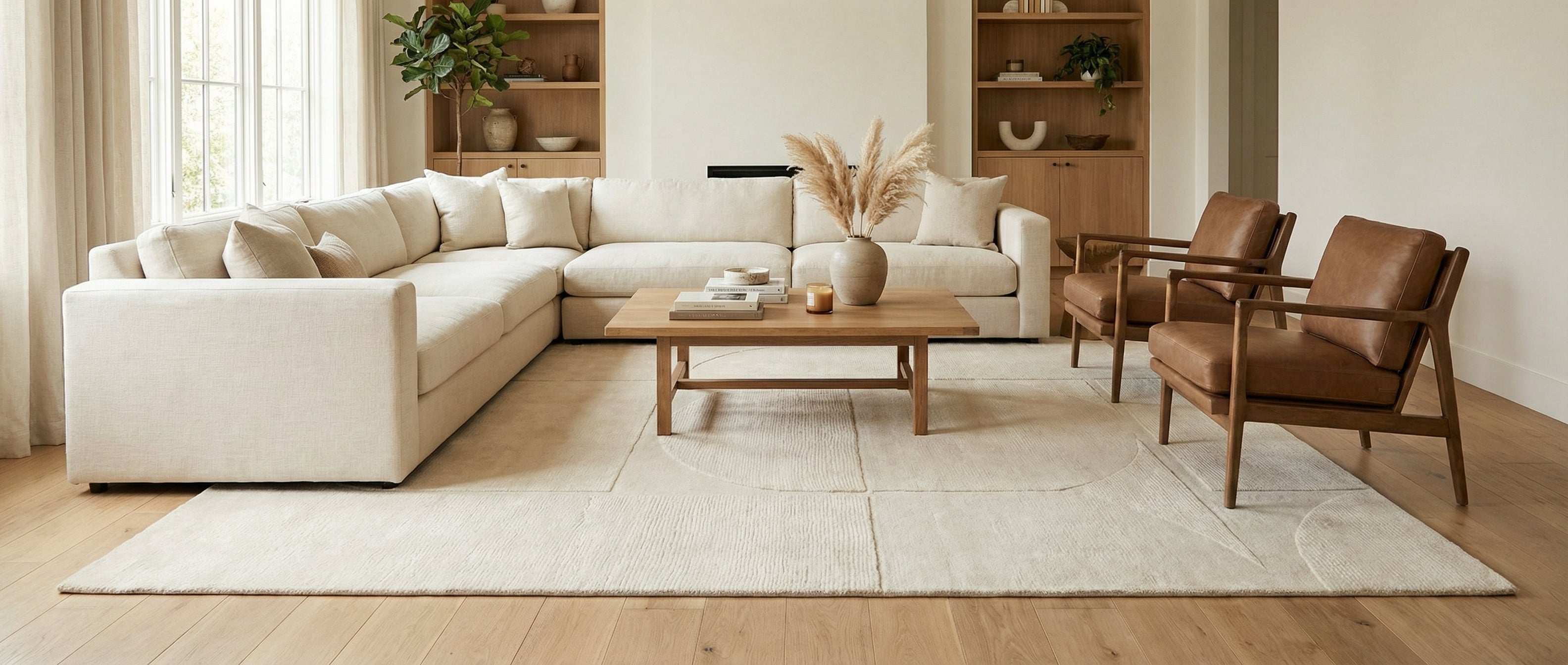 Tapis rectangulaire ivoire. Il transforme la pièce, créant une harmonie douce et chaleureuse