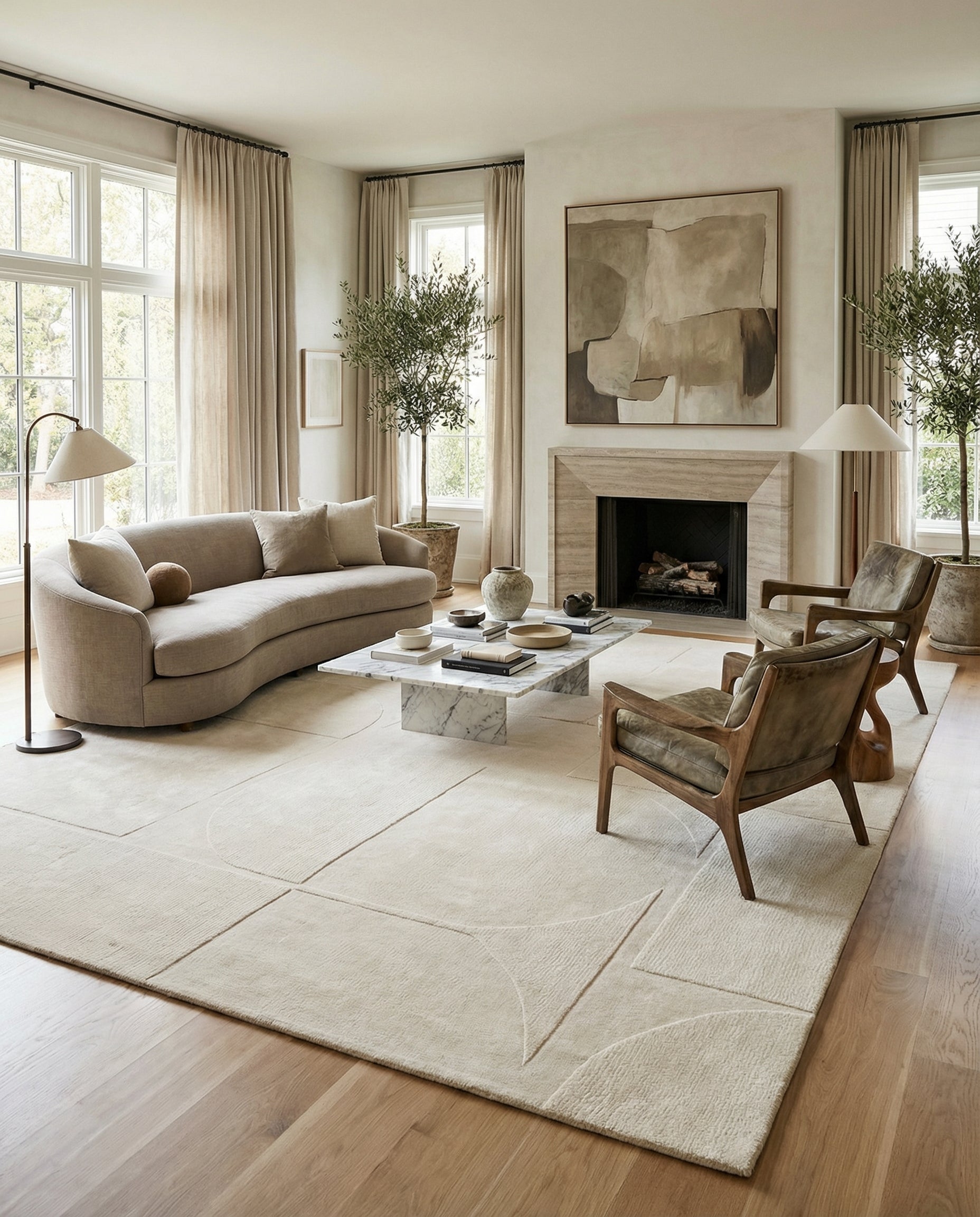 Tapis rectangulaire ivoire. Il structure la pièce, créant une ambiance chaleureuse et accueillante