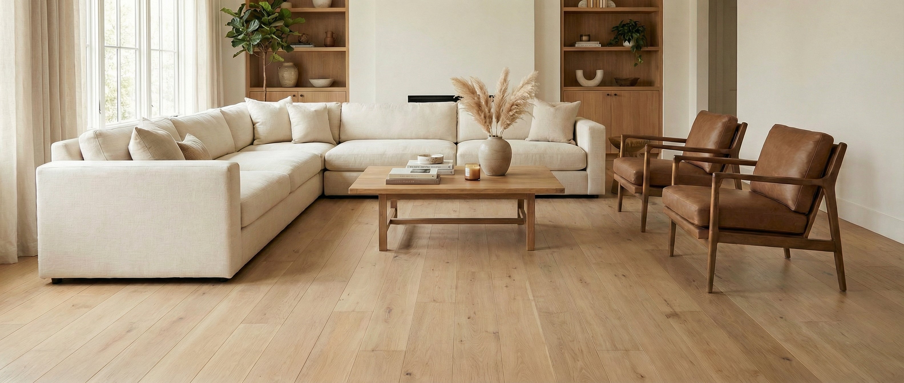 Salon spacieux avant l'ajout du tapis, parquet apparent et mobilier en attente