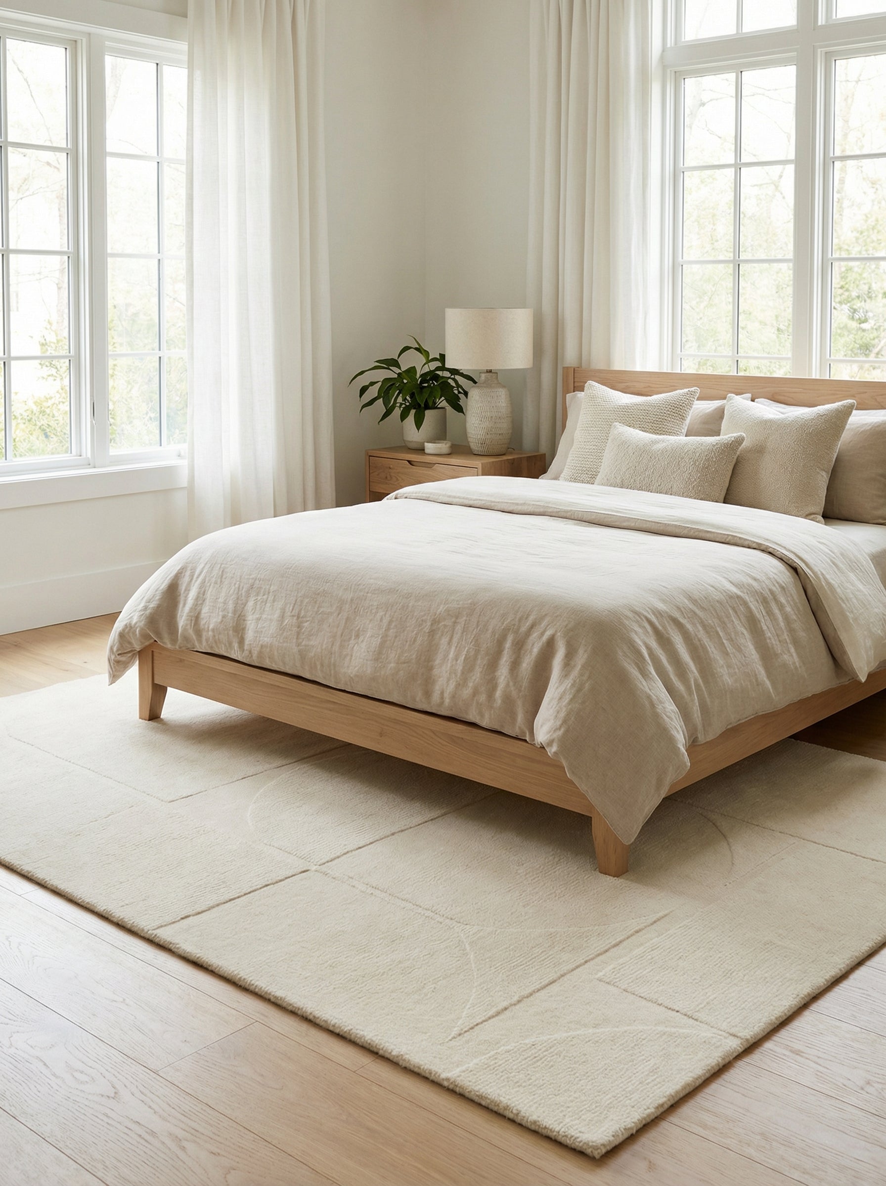 Tapis rectangulaire ivoire, motifs géométriques, harmonie dans la chambre, ambiance zen et chaleureuse