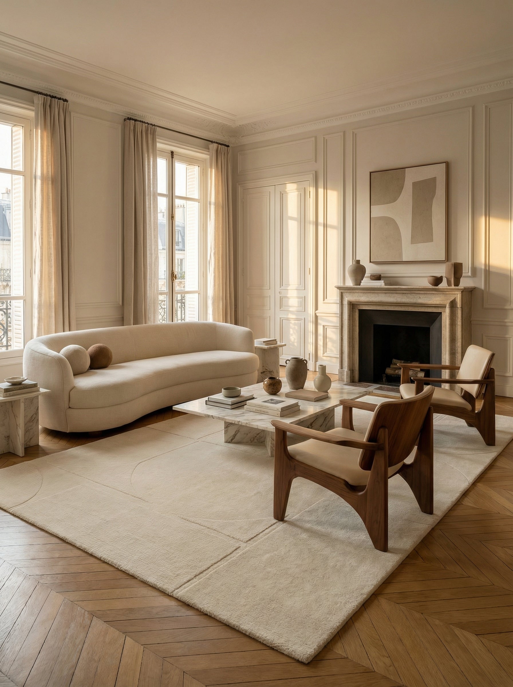 Tapis rectangulaire ivoire dans un salon classique. Élégance et style se marient avec harmonie dans cette pièce