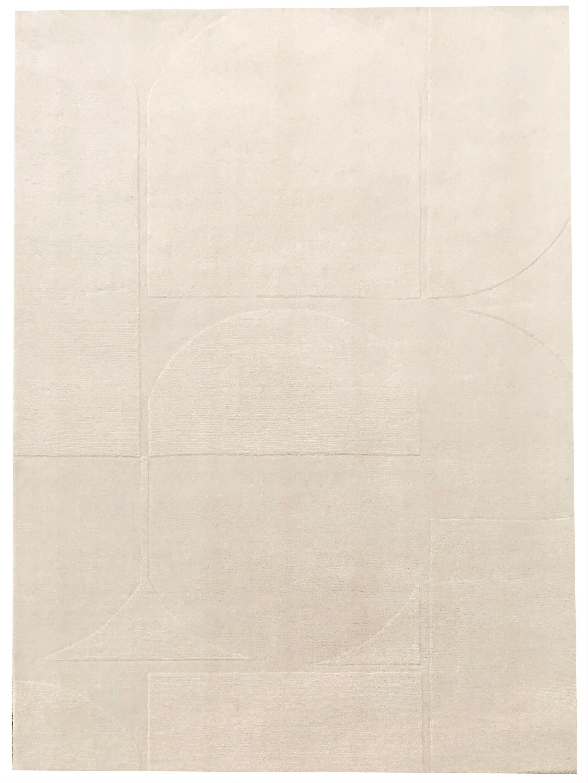 Tapis rectangulaire ivoire avec motif géométrique abstrait. Style contemporain, ambiance épurée