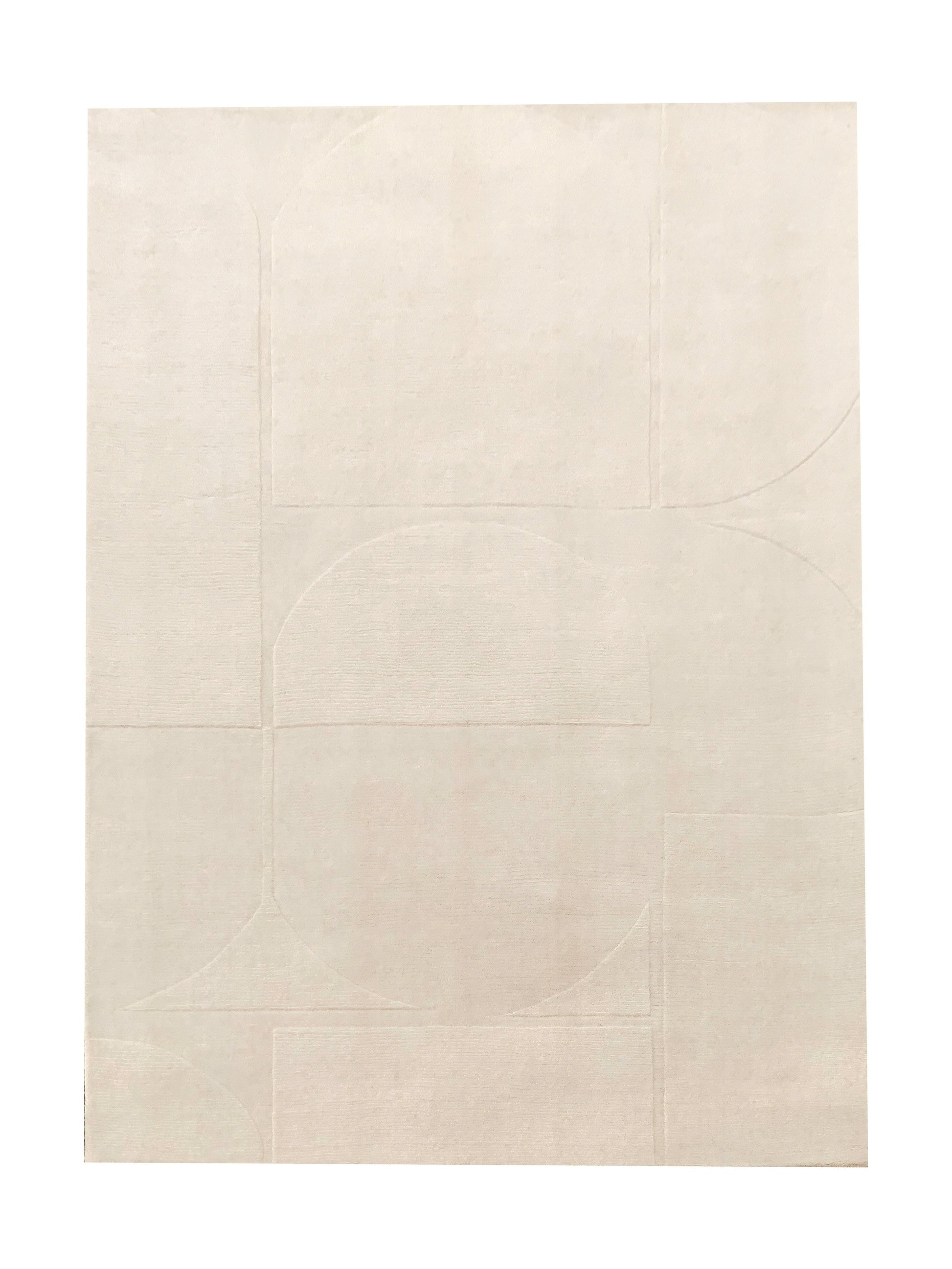 Tapis rectangulaire ivoire avec motif géométrique abstrait. Style contemporain, ambiance épurée