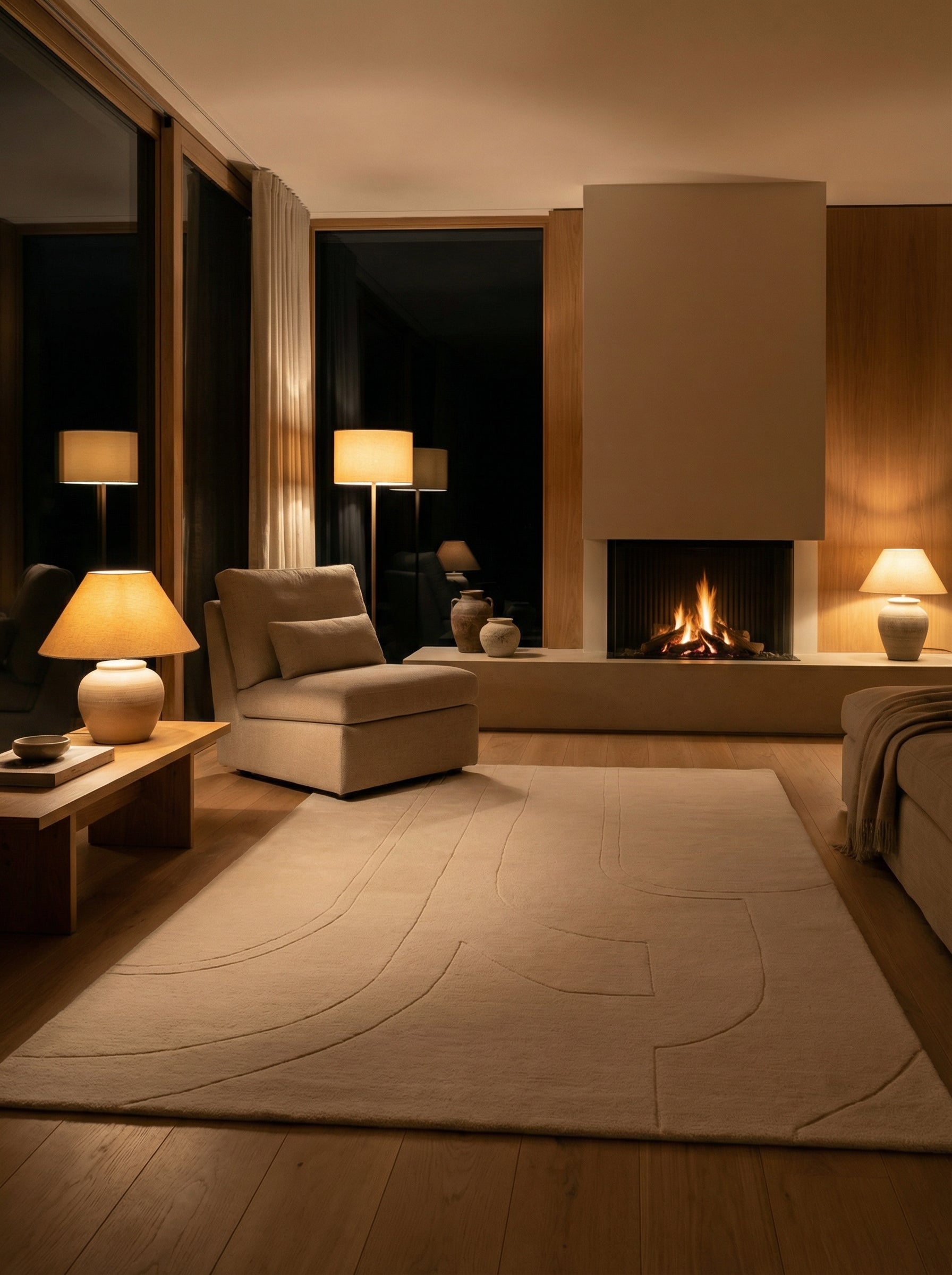 Tapis rectangulaire beige dans une pièce chaleureuse. Lumière chaude, ambiance cosy