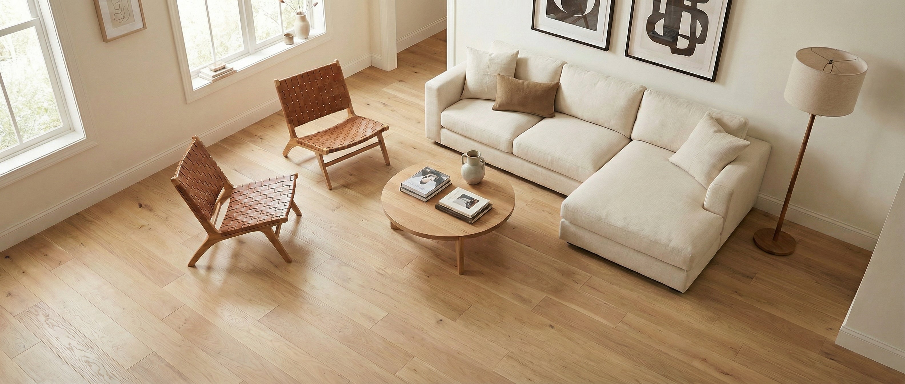 Pièce beige, parquet clair, canapé, fauteuils cuir, table ronde, lampadaire. Espace vide, potentiel déco