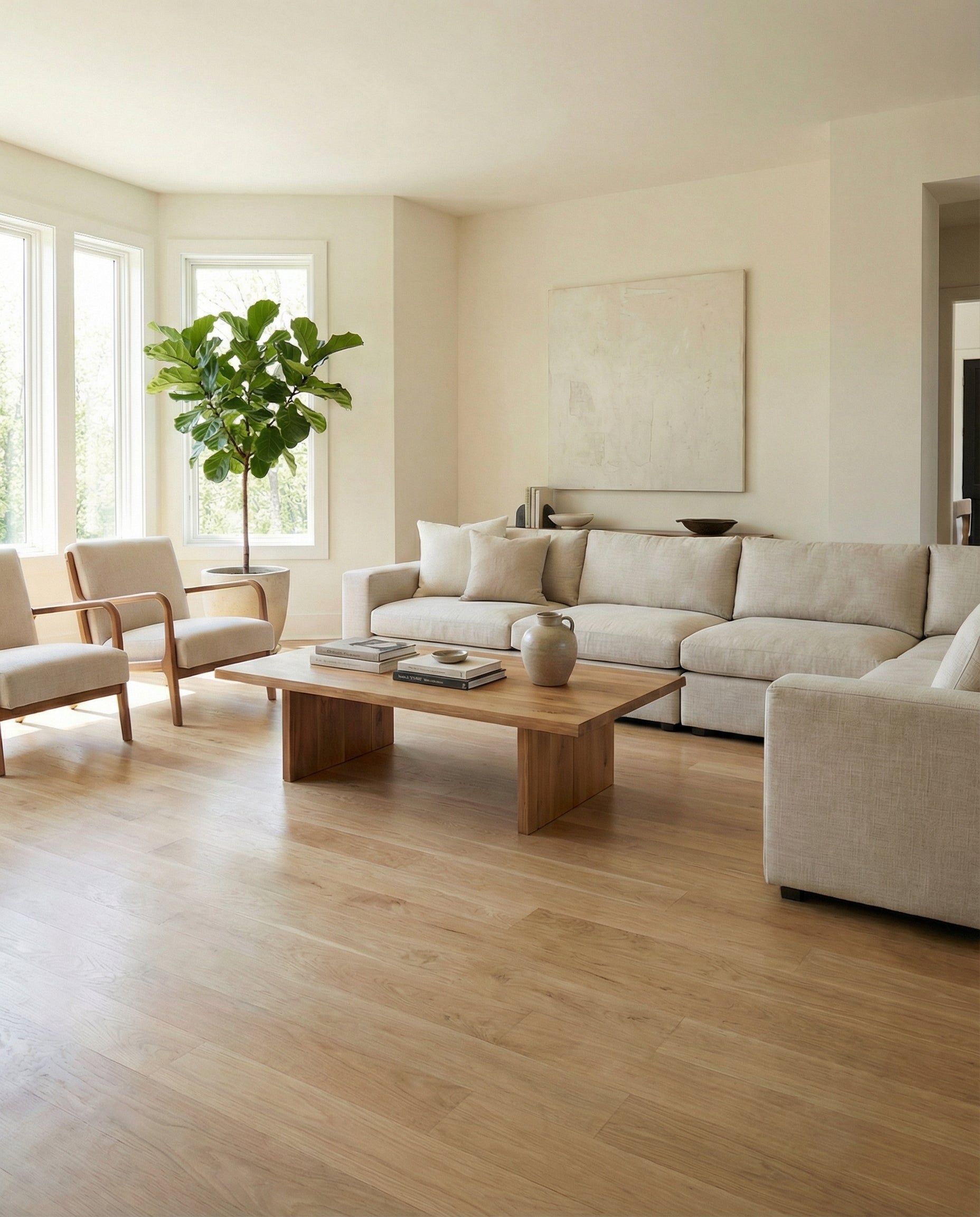 Pièce beige avec parquet clair. Canapé clair, fauteuils, table basse en bois. Espace à transformer