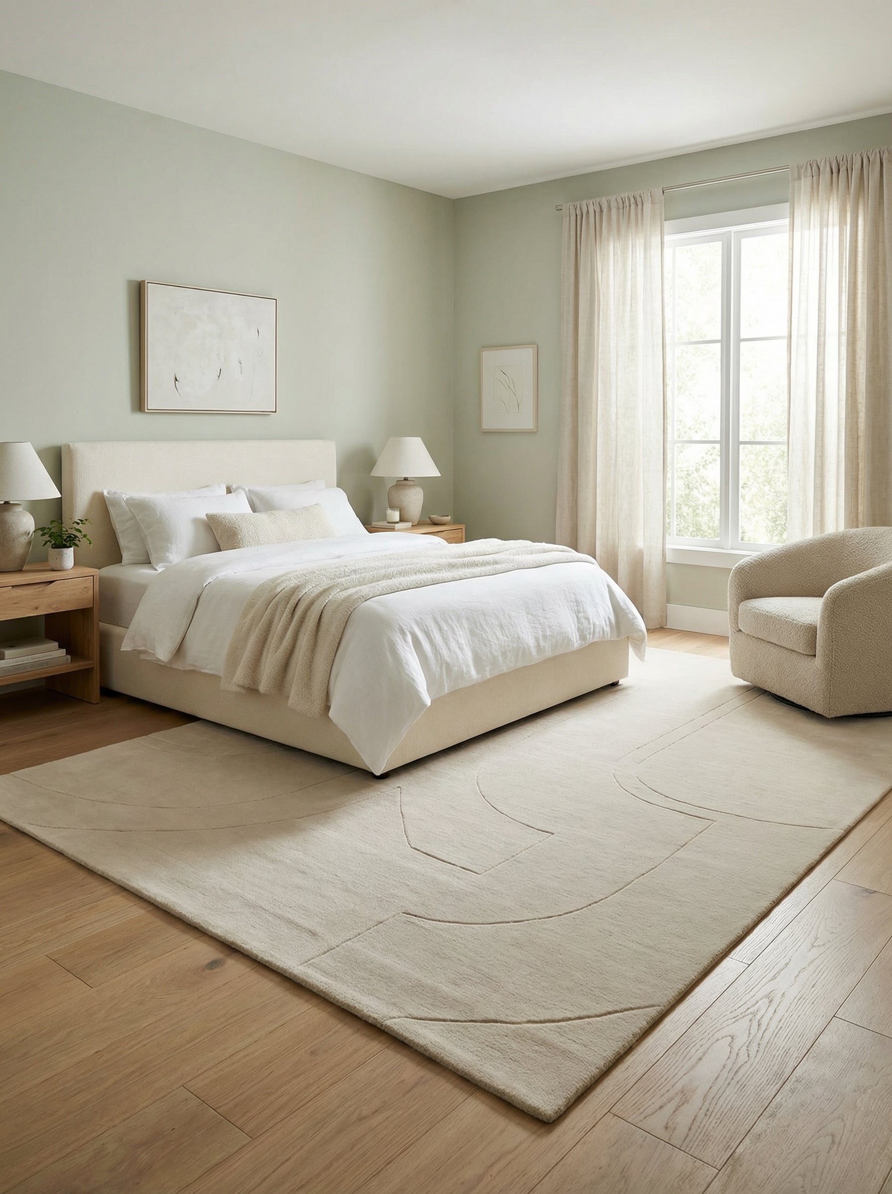 Tapis rectangulaire beige clair, harmonie avec la pièce et le style épuré. Ambiance douce et chaleureuse dans la chambre