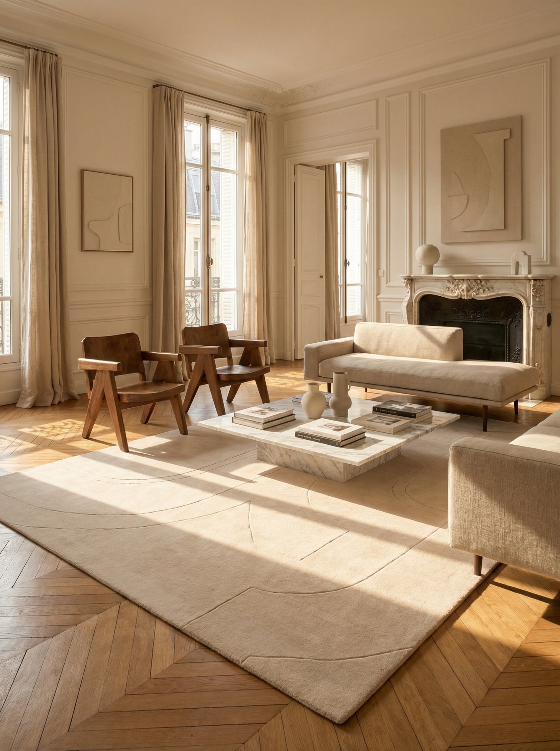 Tapis rectangulaire beige dans un salon élégant. Ambiance classique, style épuré