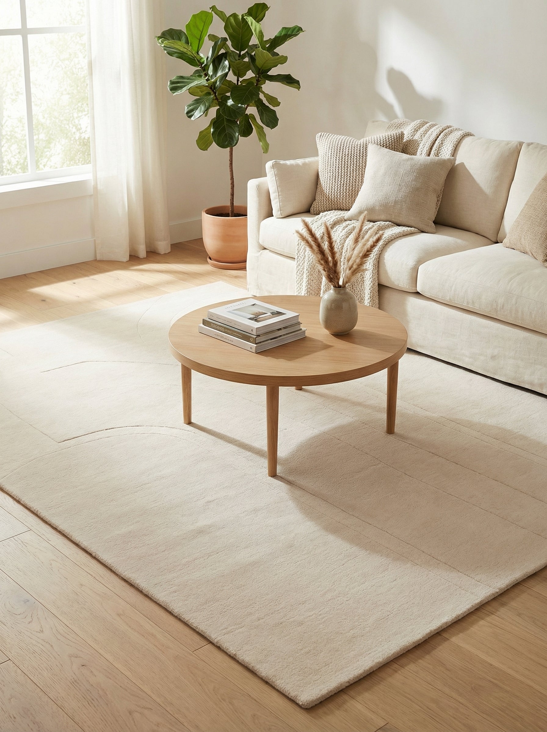 Tapis beige rectangulaire au design épuré, dans un salon contemporain. Ambiance chaleureuse et minimaliste