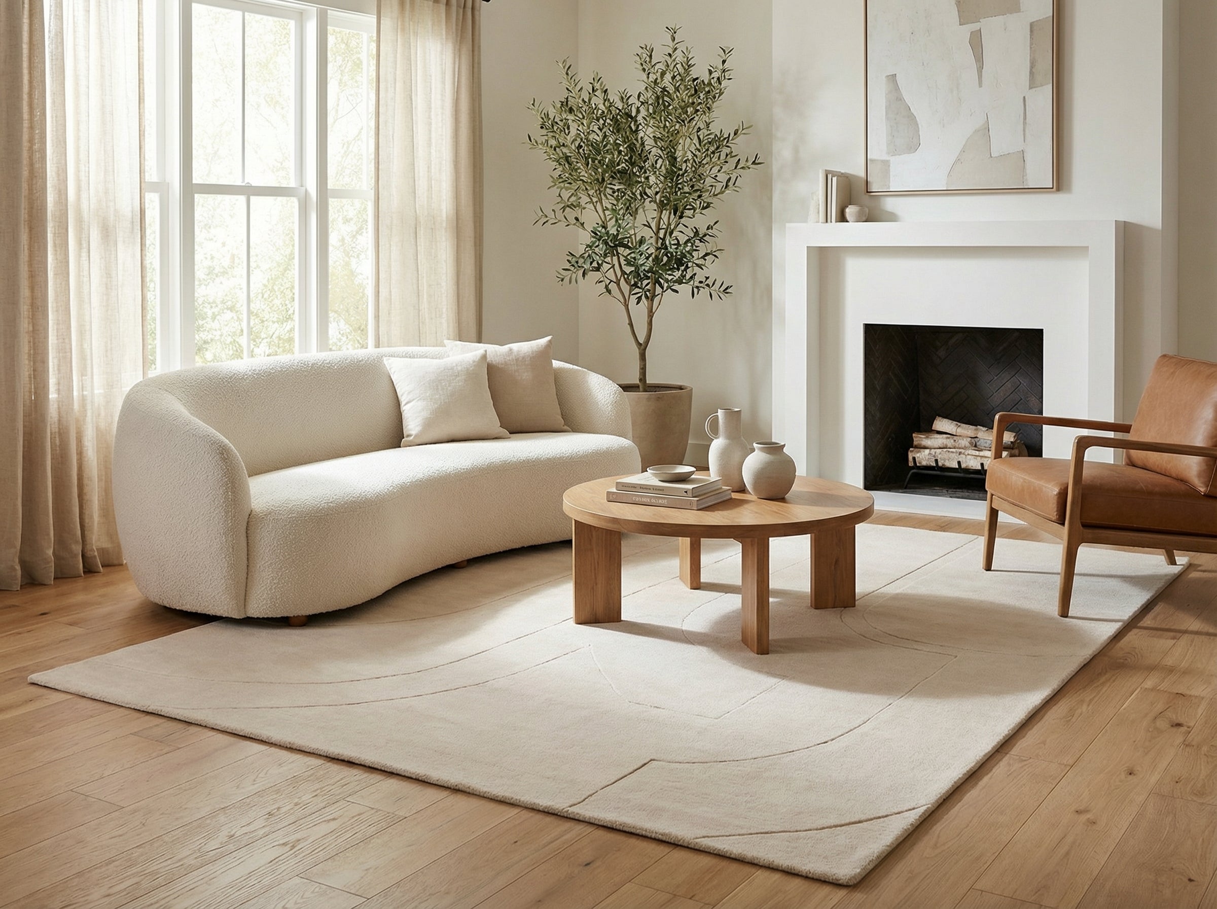 Tapis rectangulaire beige clair, style déco minimaliste, ambiance chaleureuse dans une pièce lumineuse