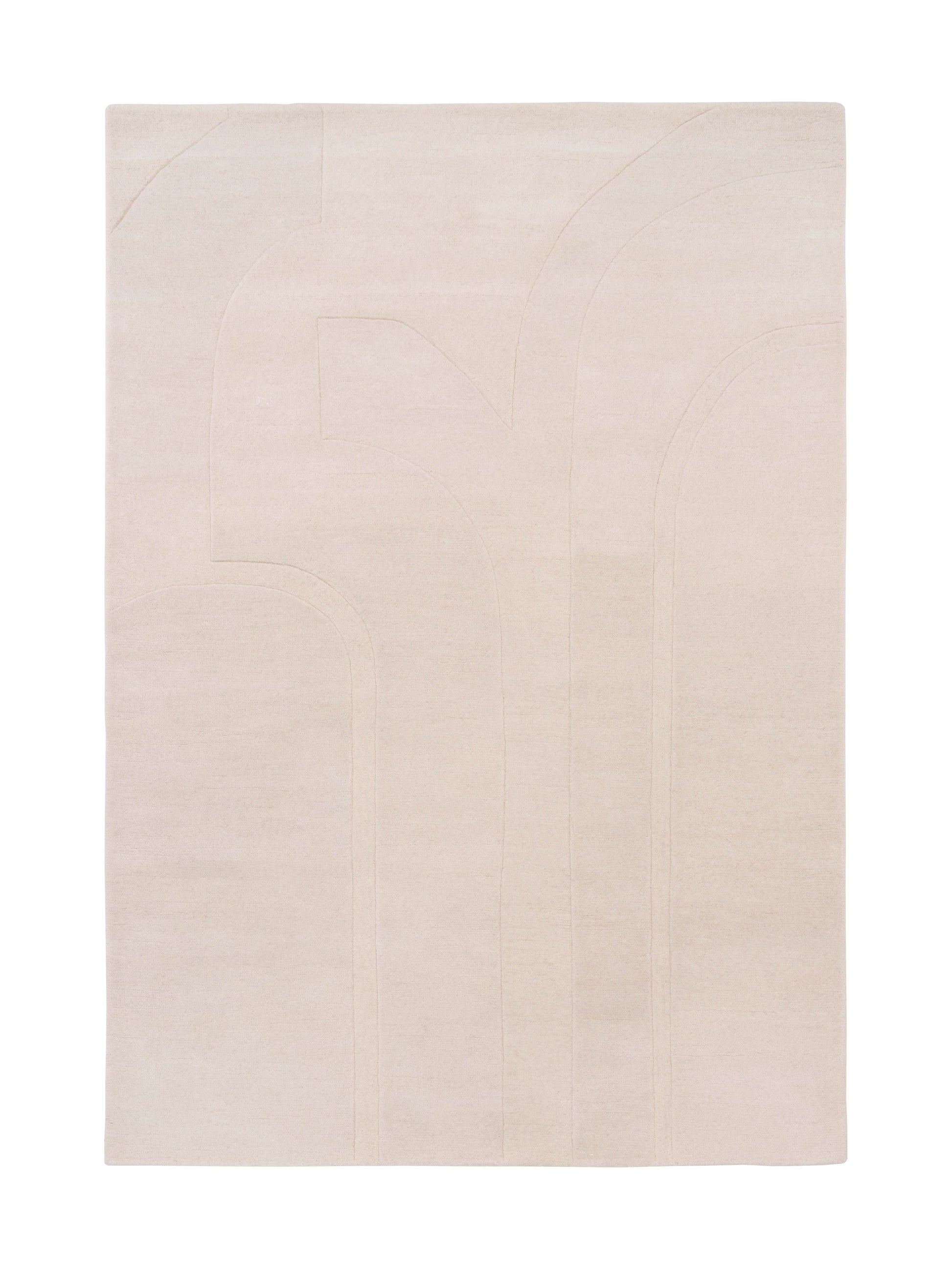 Tapis rectangulaire beige avec motif géométrique en relief, ambiance minimaliste et chaleureuse