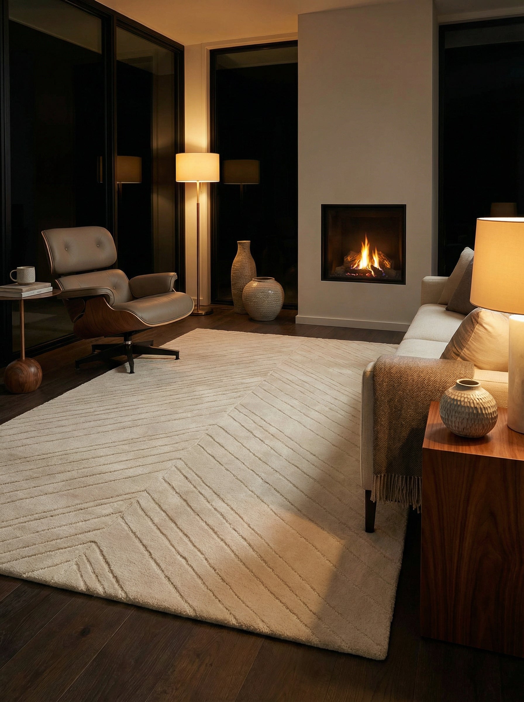Tapis beige rectangulaire dans une pièce avec lumière chaude, créant une ambiance cosy pour une soirée