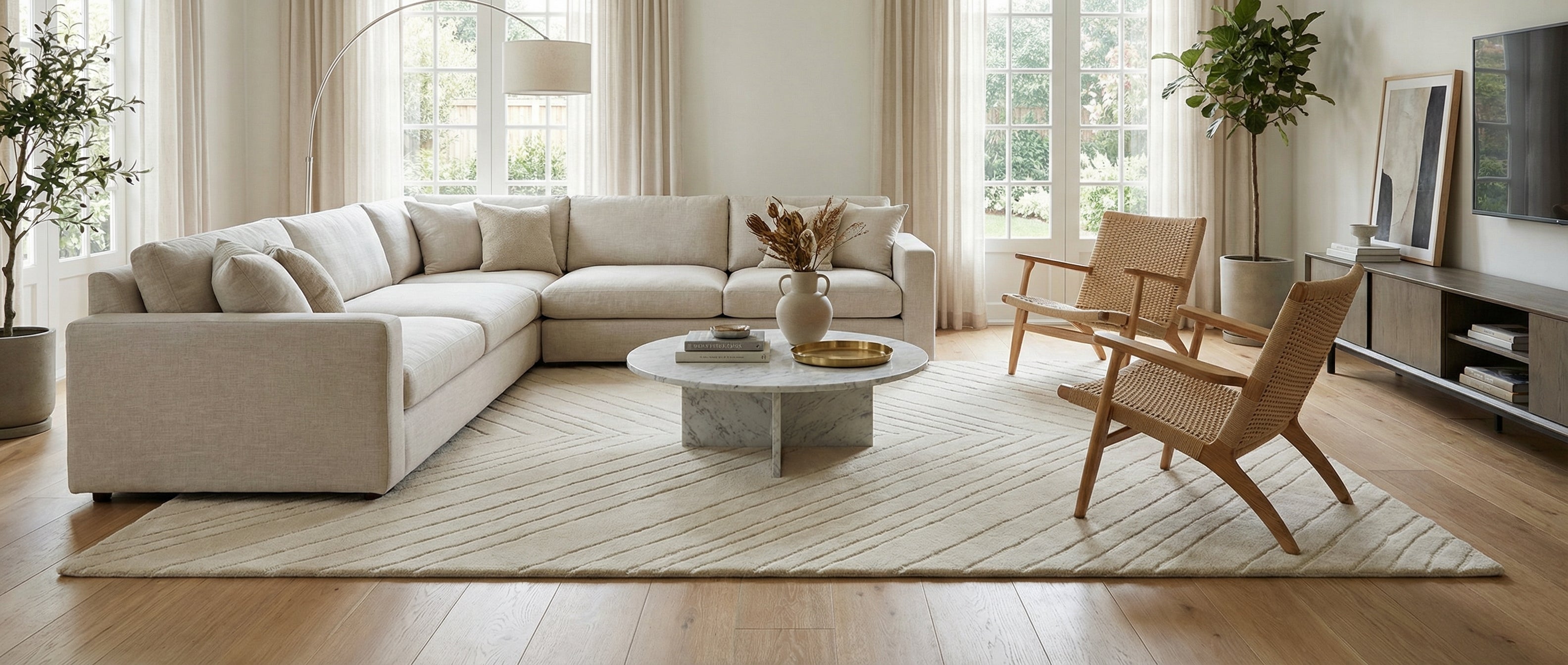 Le tapis beige rectangulaire transforme la pièce. Il crée une harmonie avec l'ambiance et les couleurs