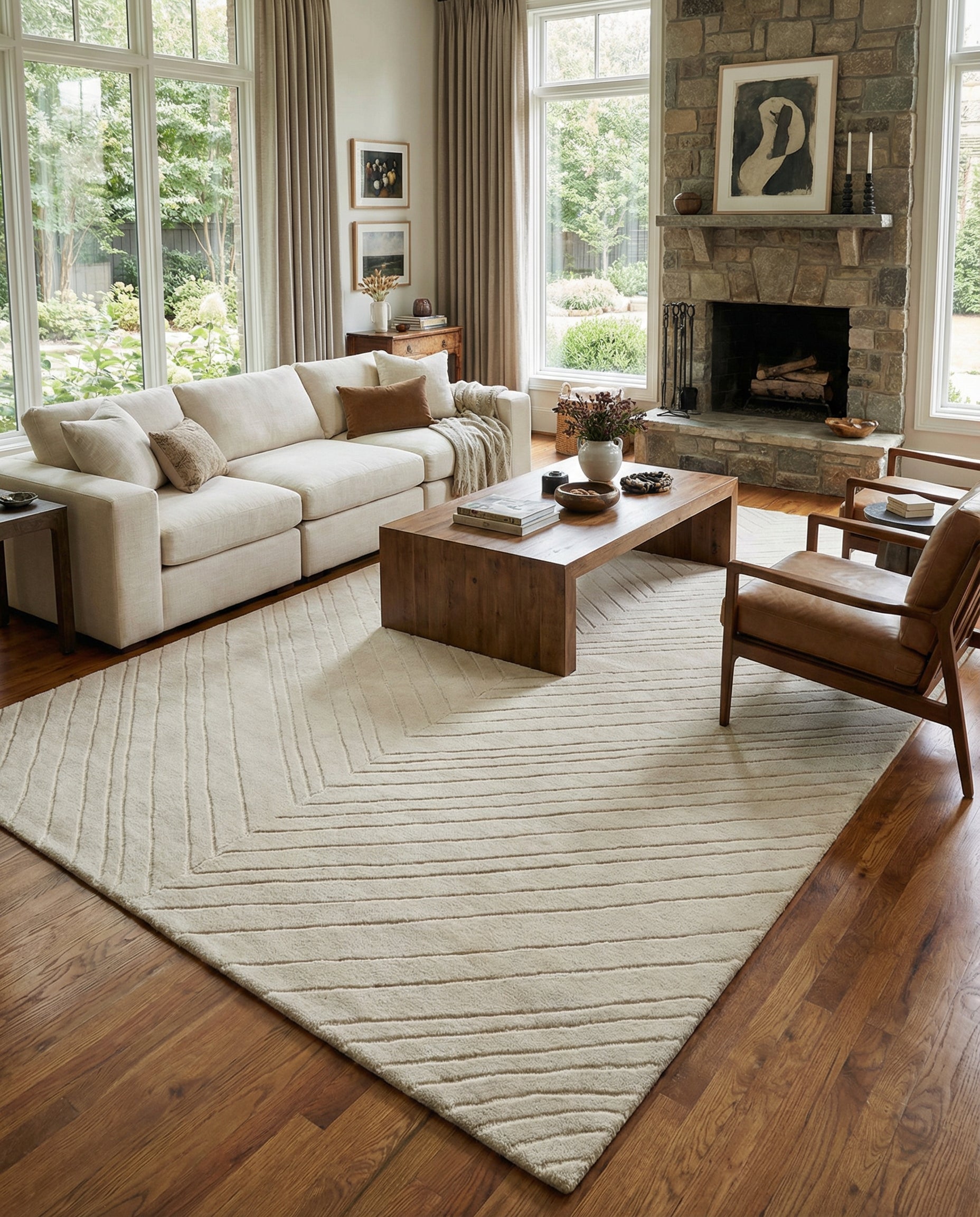 Tapis rectangulaire beige clair, lignes en relief. Pièce chaleureuse, ambiance zen. Le tapis définit l'espace