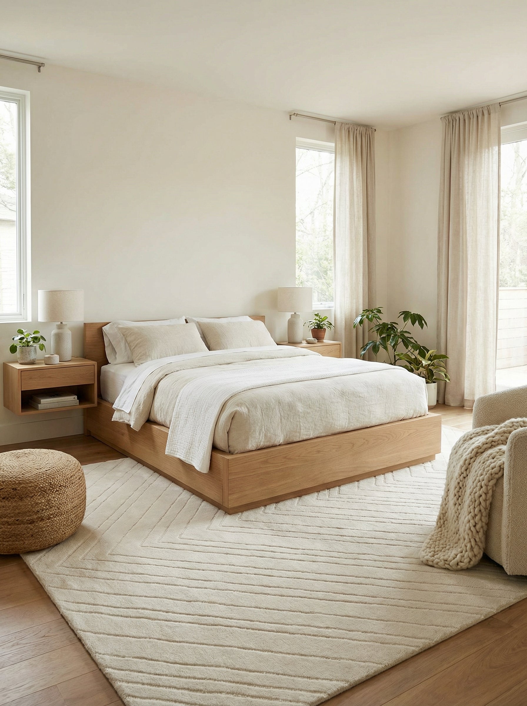 Tapis rectangulaire beige clair dans une chambre harmonieuse. Le style de la pièce est épuré et chaleureux