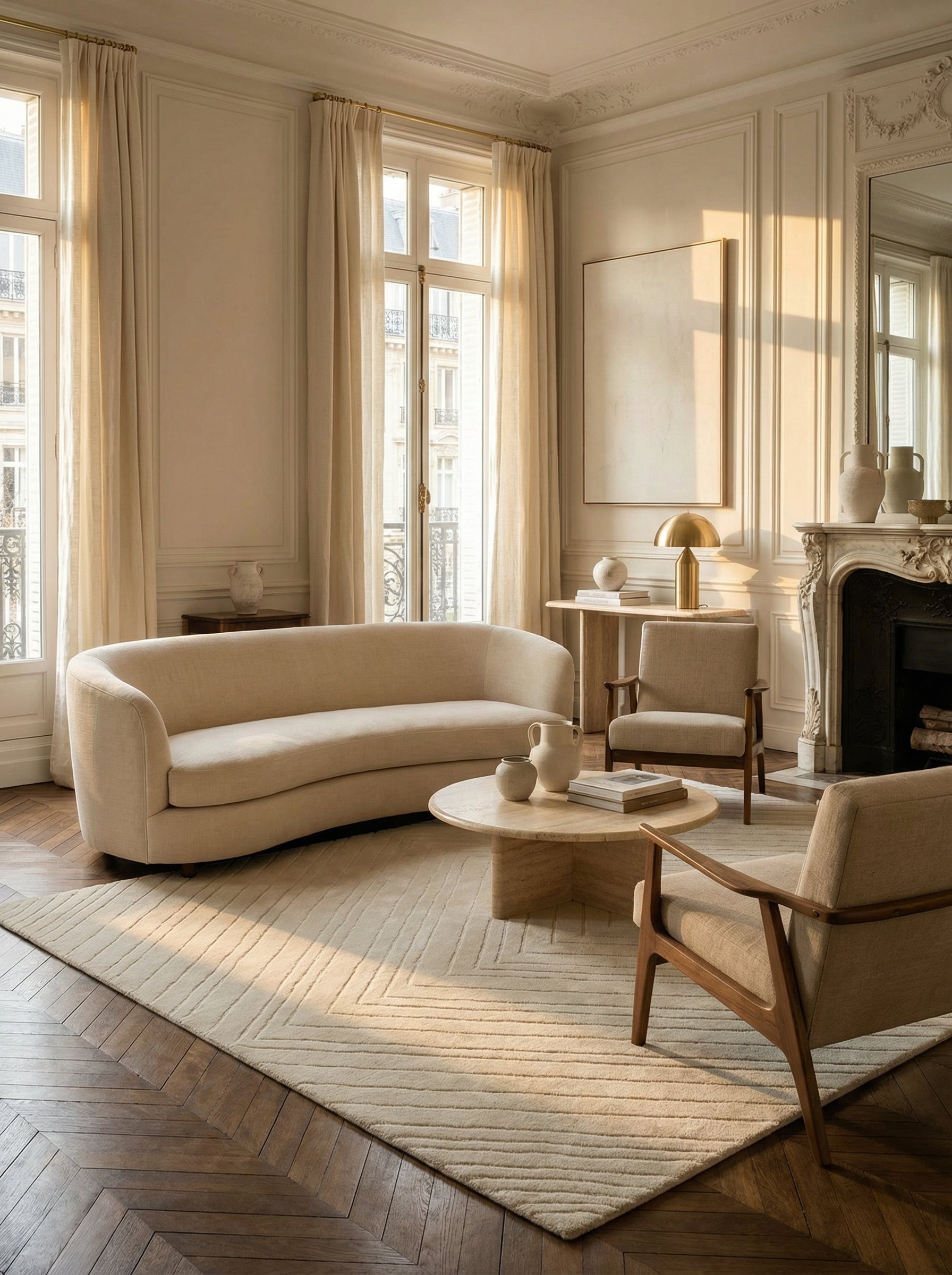 Tapis rectangulaire beige dans un salon classique. Élégance, style épuré et ambiance chaleureuse
