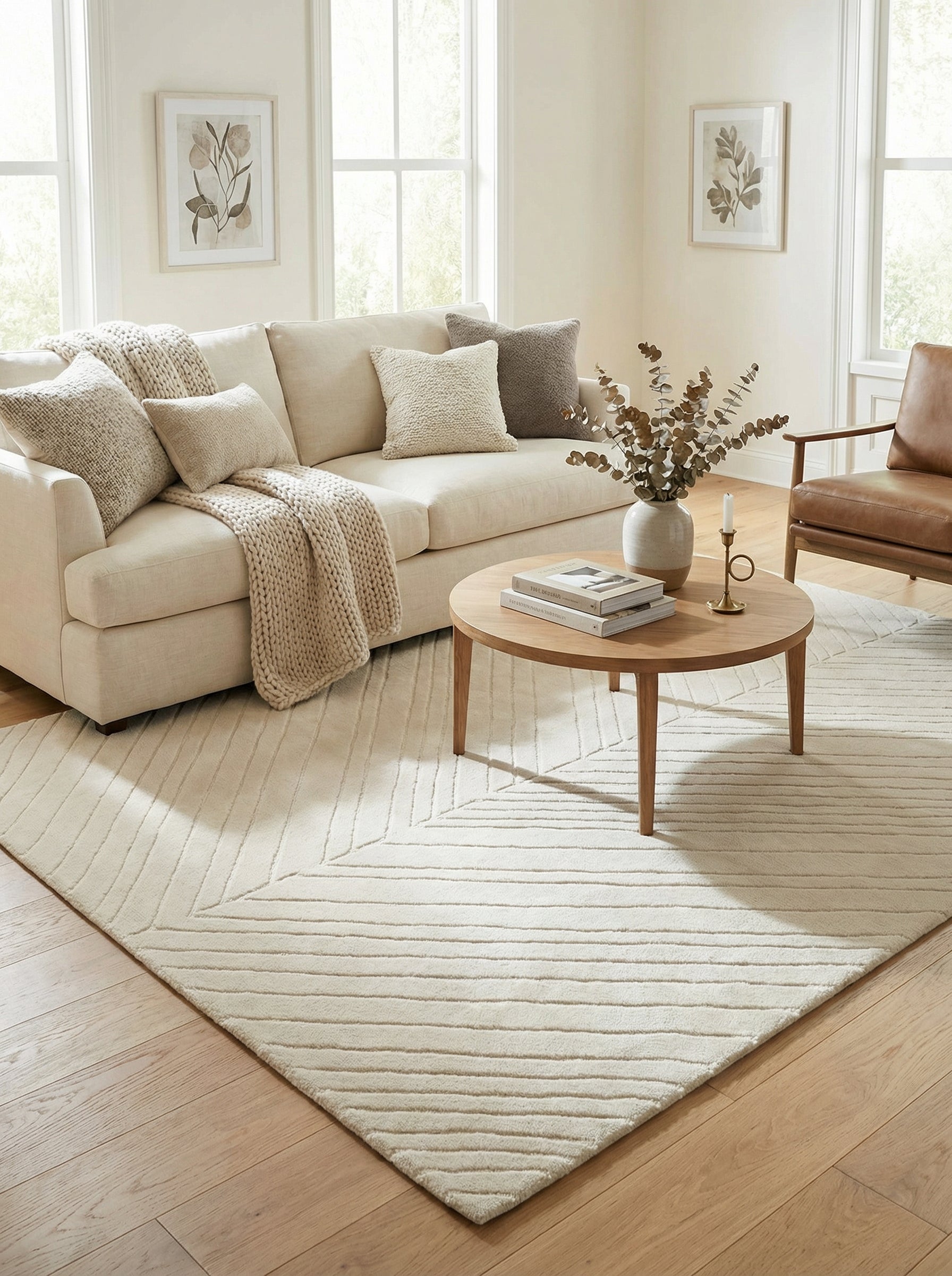 Tapis beige rectangulaire au design épuré. Style contemporain dans un salon