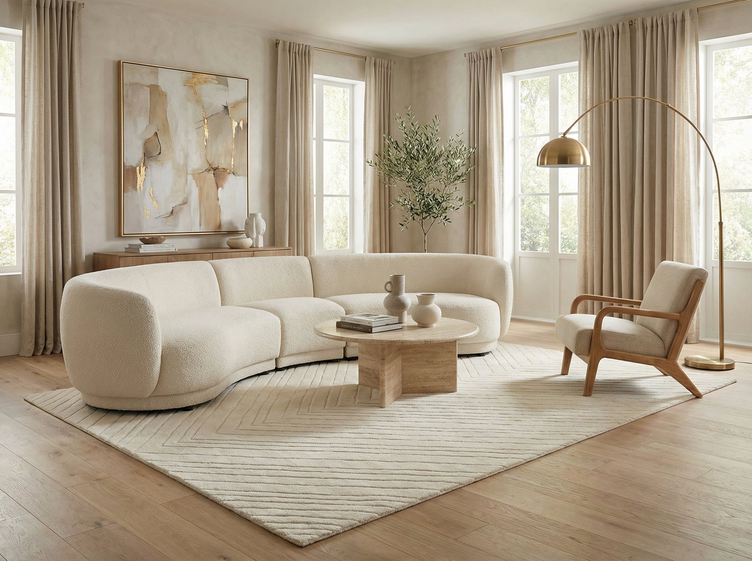 Tapis rectangulaire beige clair, motifs géométriques. Pièce lumineuse, ambiance chaleureuse et minimaliste. Style déco épuré