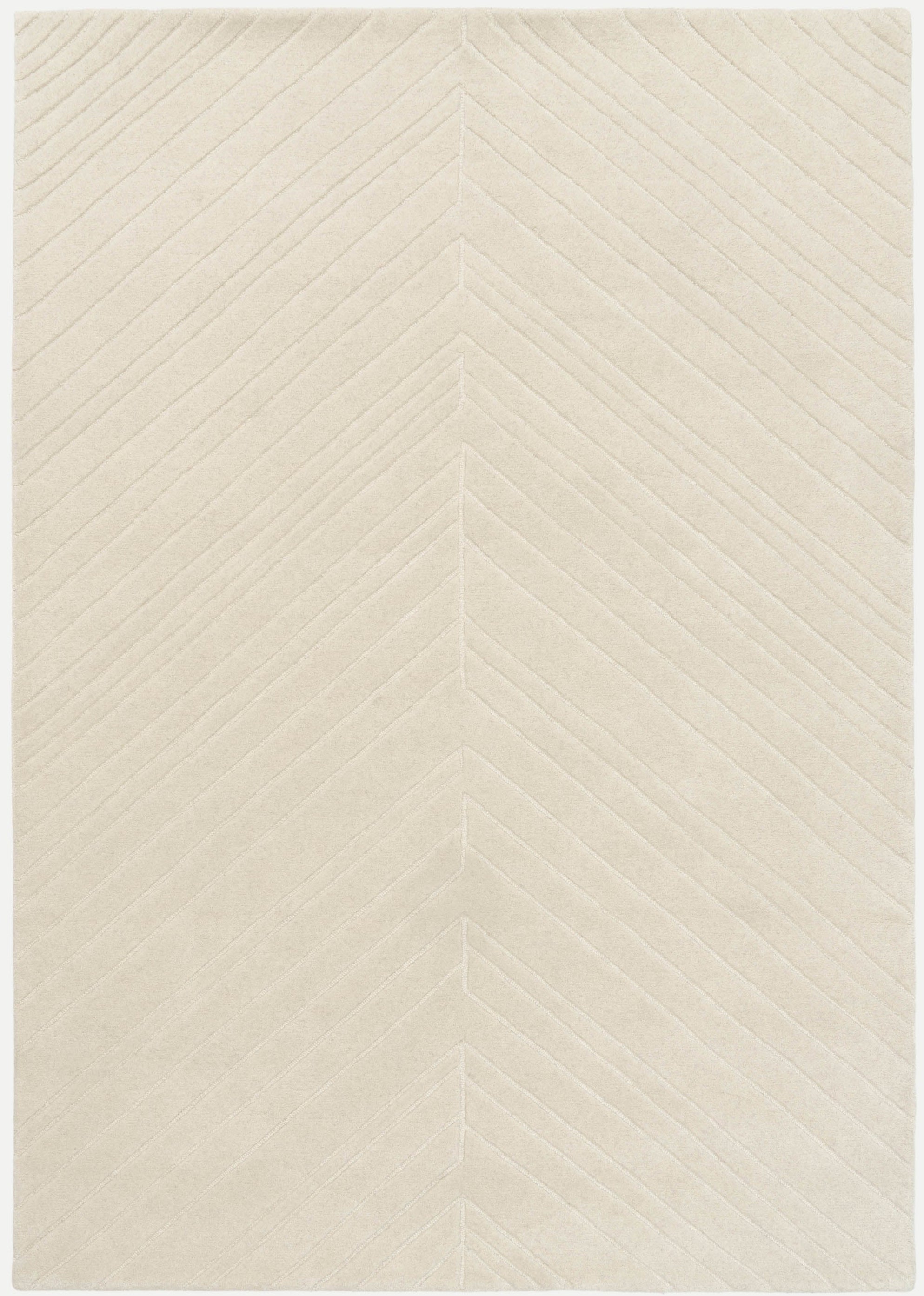 Tapis rectangulaire beige clair avec motif chevron en relief, style moderne et ambiance épurée