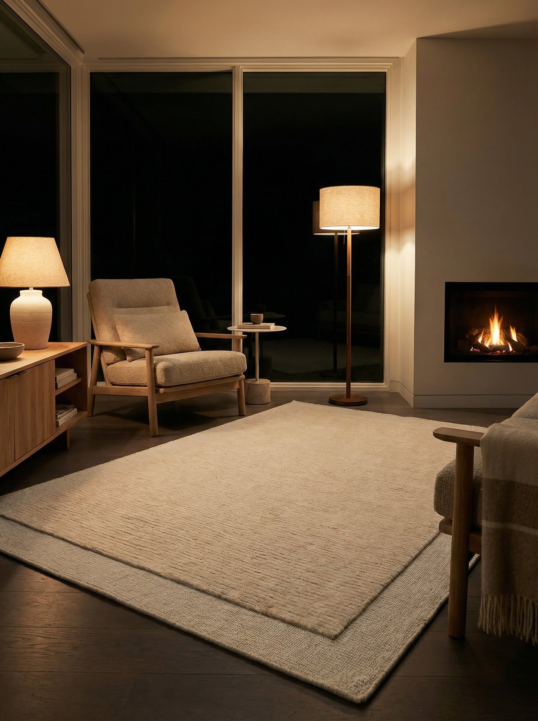 Tapis rectangulaire beige clair, ambiance cosy dans une pièce éclairée par une lumière chaude