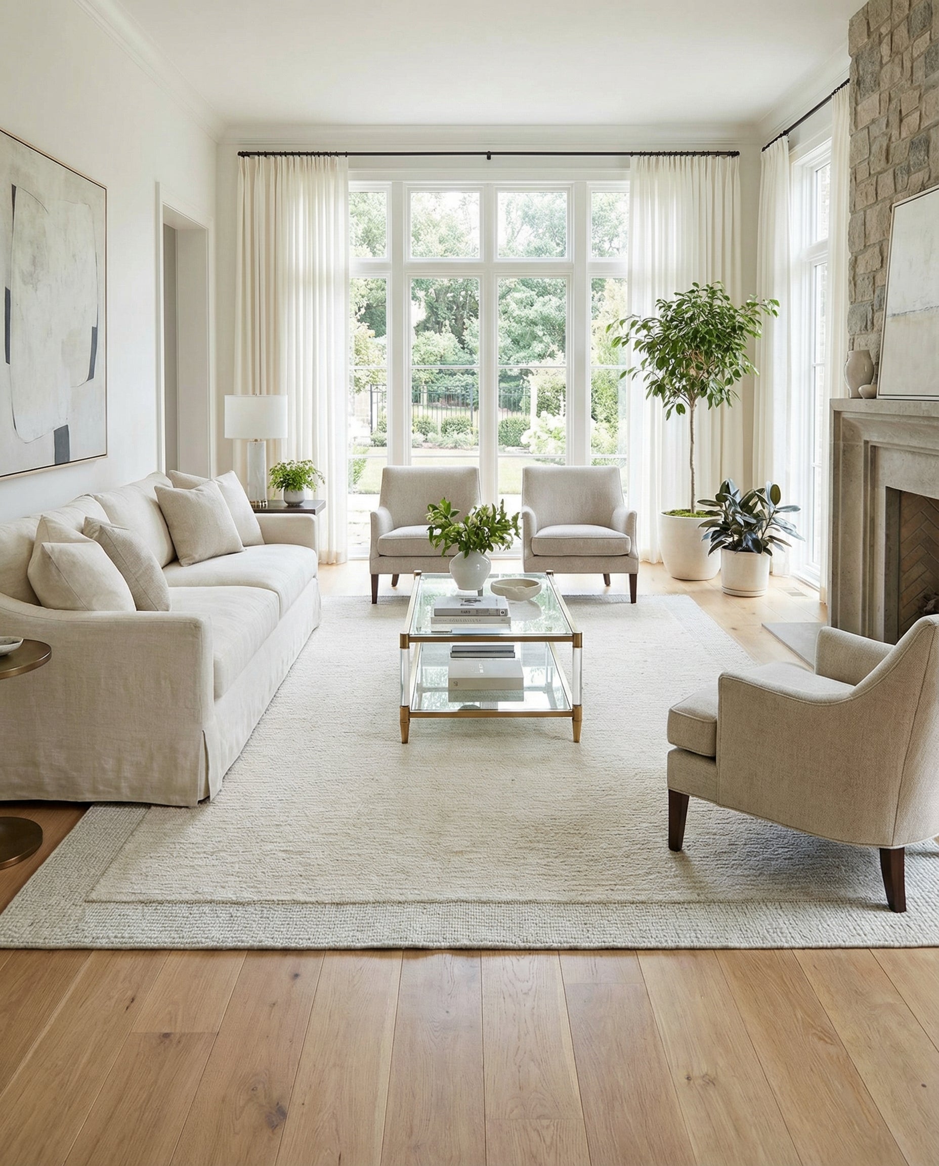 Tapis rectangulaire clair. Il adoucit l'ambiance de la pièce, ajoutant confort et chaleur aux planchers de bois franc