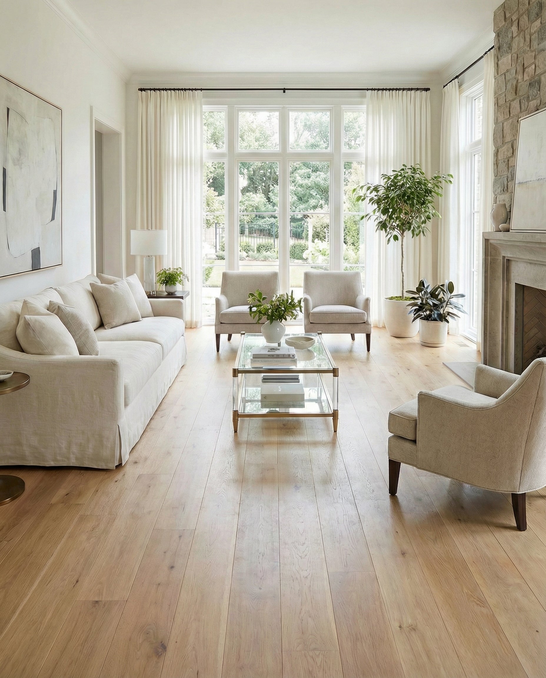 Pièce lumineuse avec plancher en bois clair, canapé, fauteuils, table basse en verre, ambiance chaleureuse