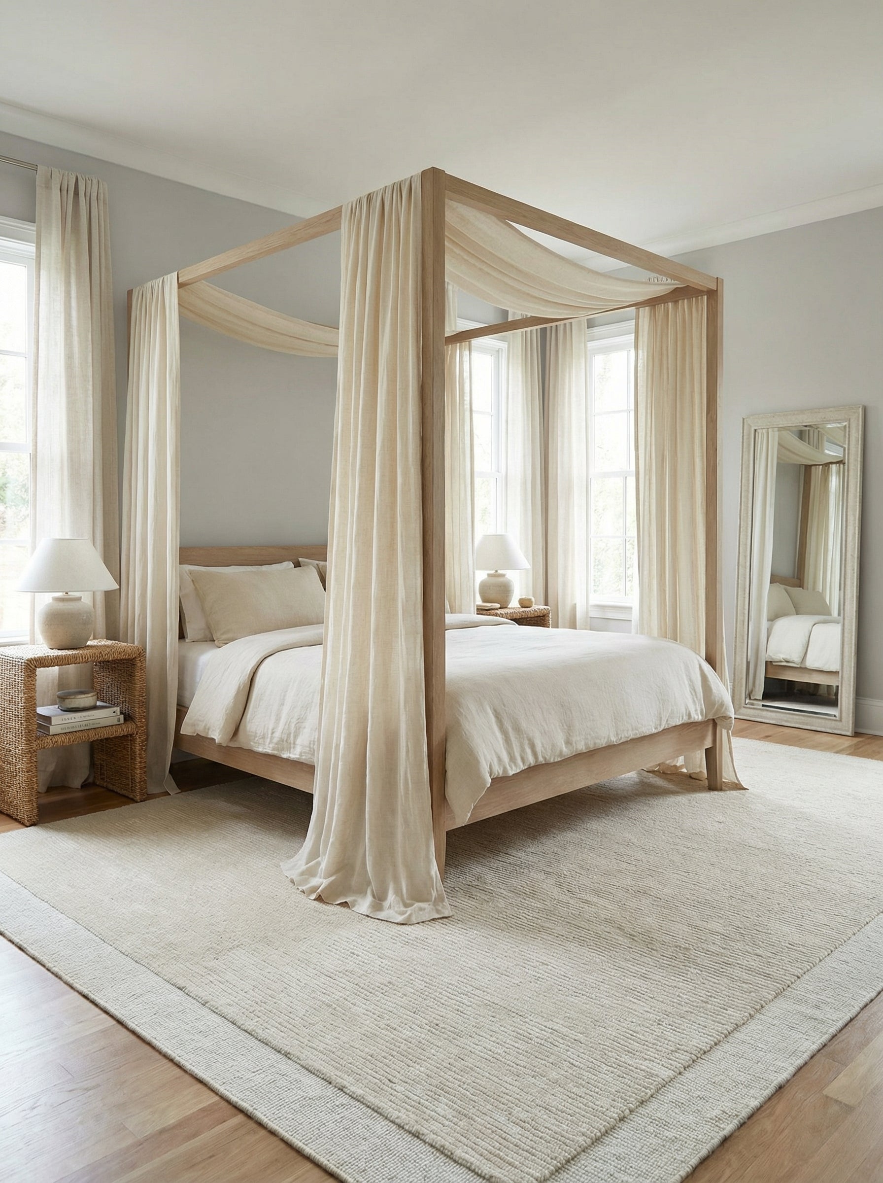 Tapis rectangulaire clair dans une chambre harmonieuse. Ambiance douce, style épuré