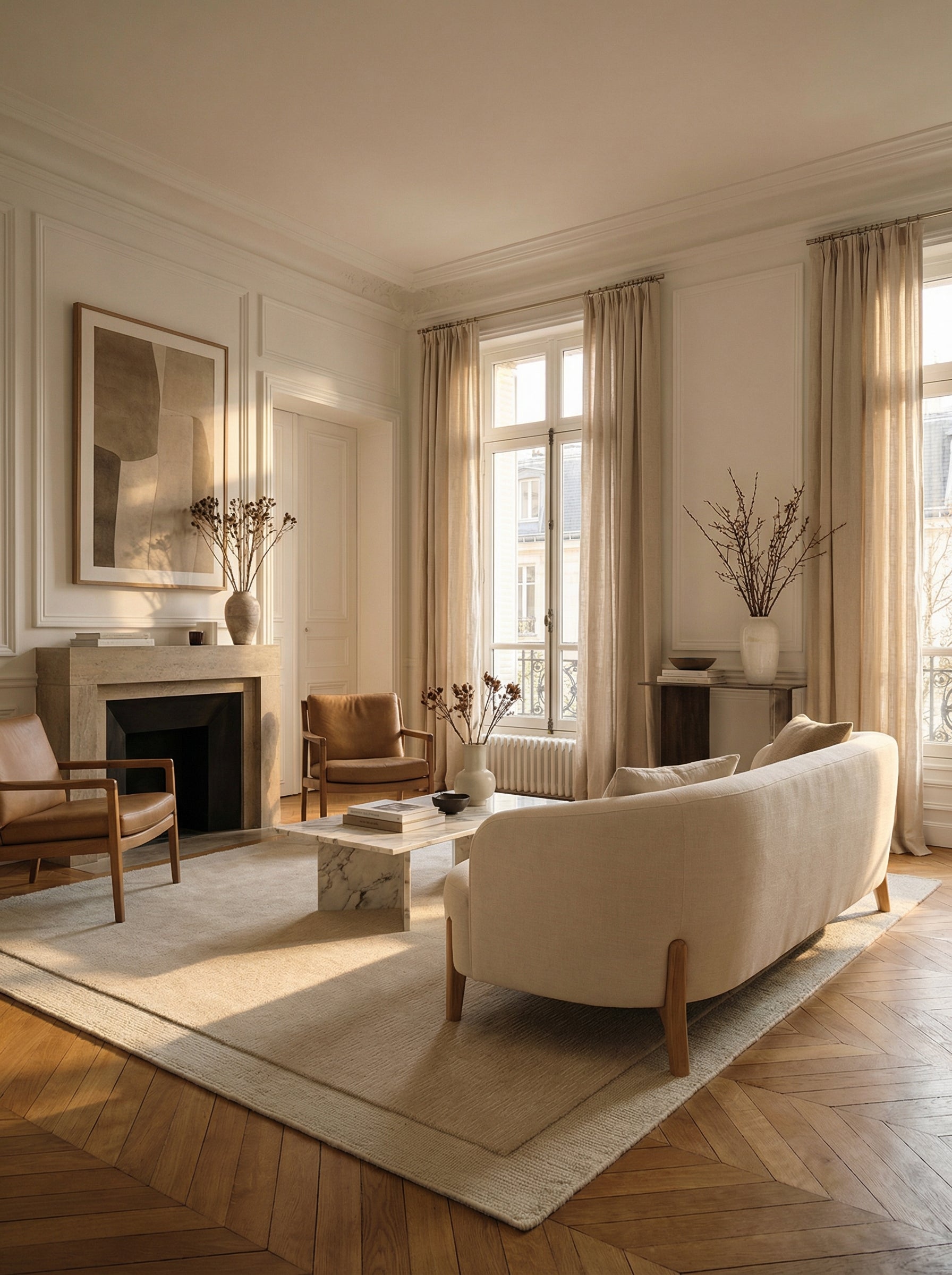 Tapis rectangulaire beige clair. Pièce élégante, ambiance classique. Style épuré, tons naturels