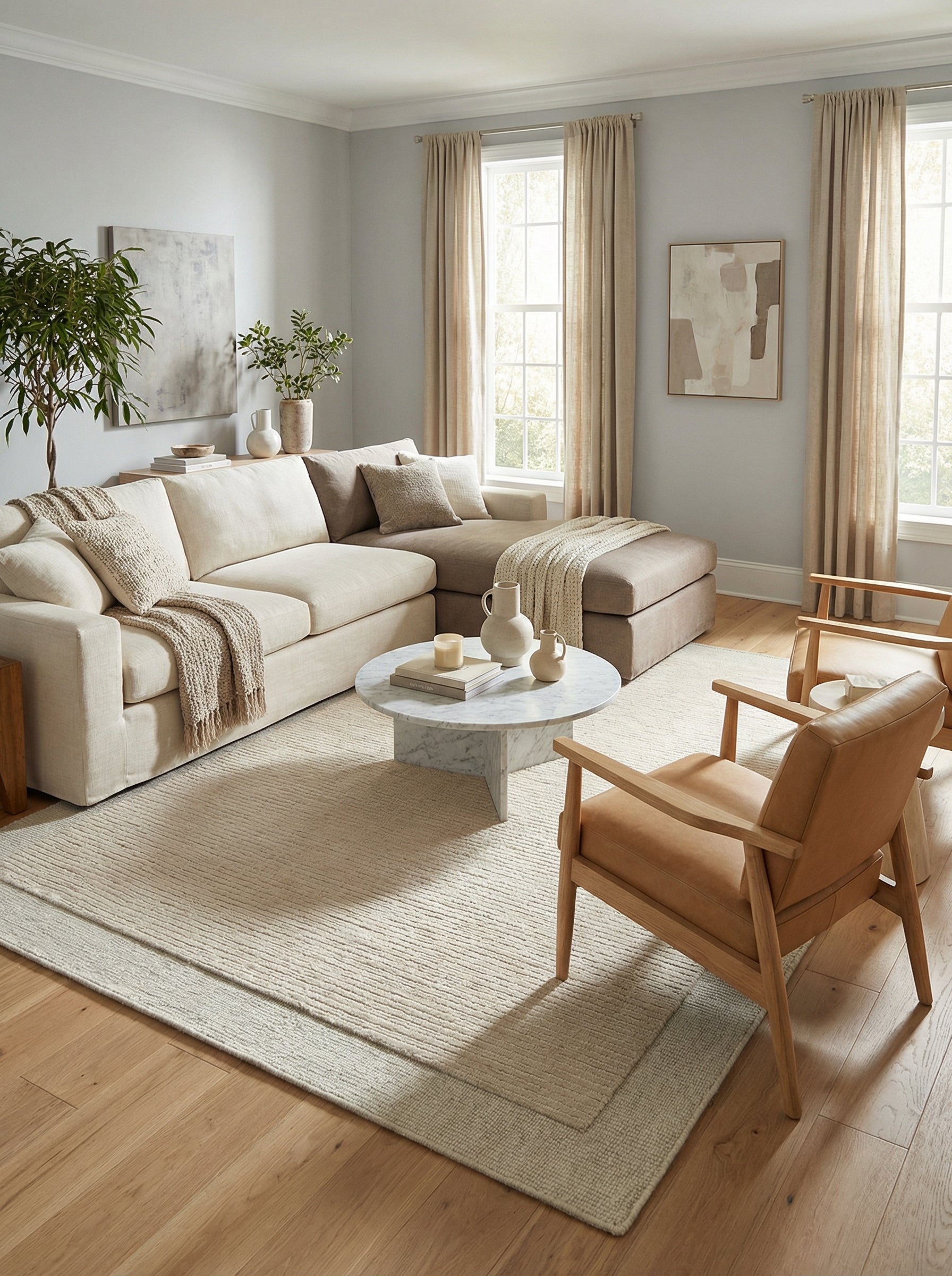 Tapis rectangulaire beige clair. Design épuré, style contemporain. Pièce lumineuse, ambiance chaleureuse