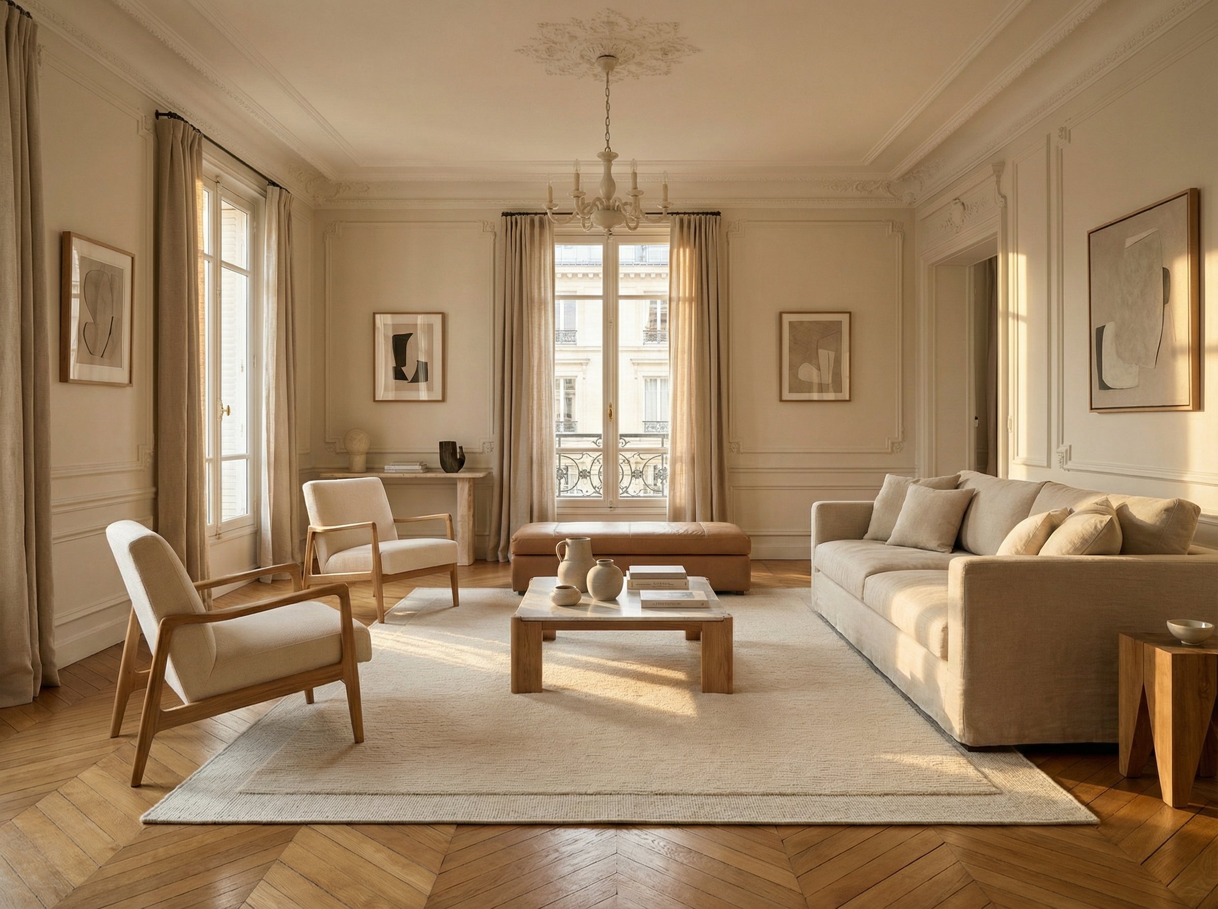 Salon décoré, tapis rectangulaire crème, ambiance chaleureuse. Style déco épuré, parquet en bois