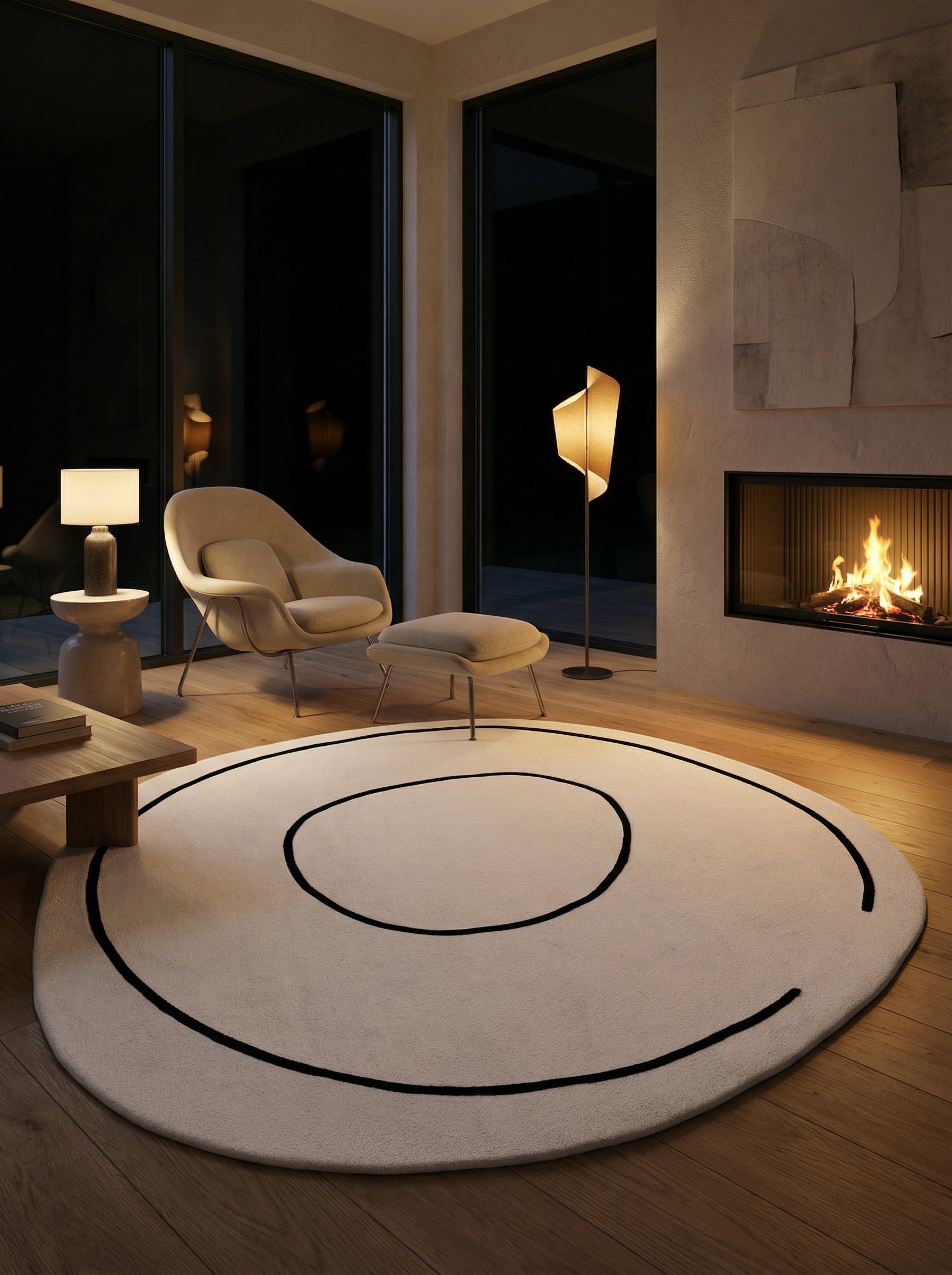 Tapis rond ivoire dans une pièce. La lumière douce et la chaleur du soir créent une ambiance chaleureuse