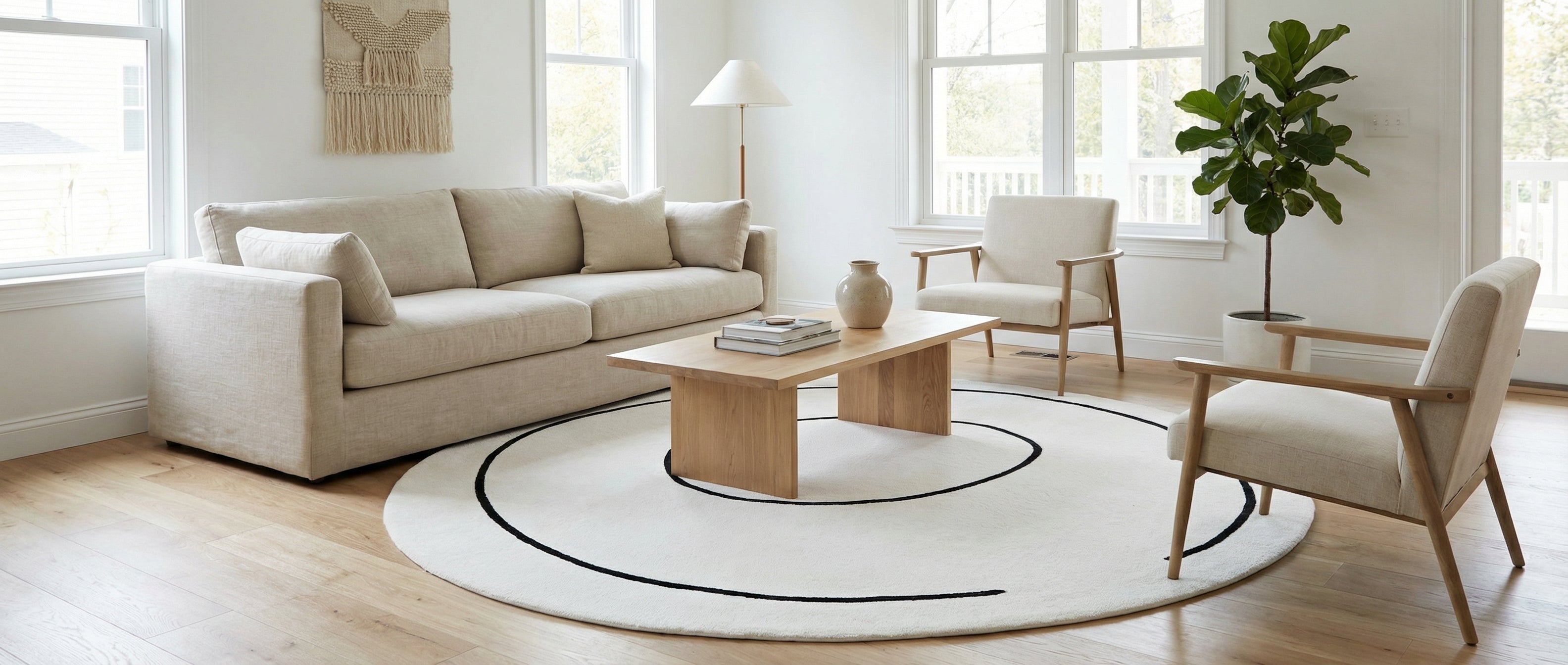 Transformation réussie: un tapis rond ivoire définit la pièce, le type de tapis est en laine