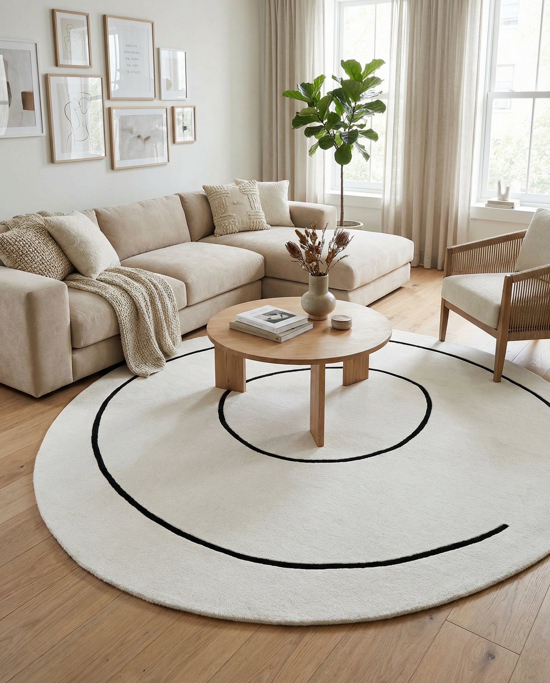 Le tapis rond ivoire crée une harmonie dans la pièce. Le type de tapis est en laine