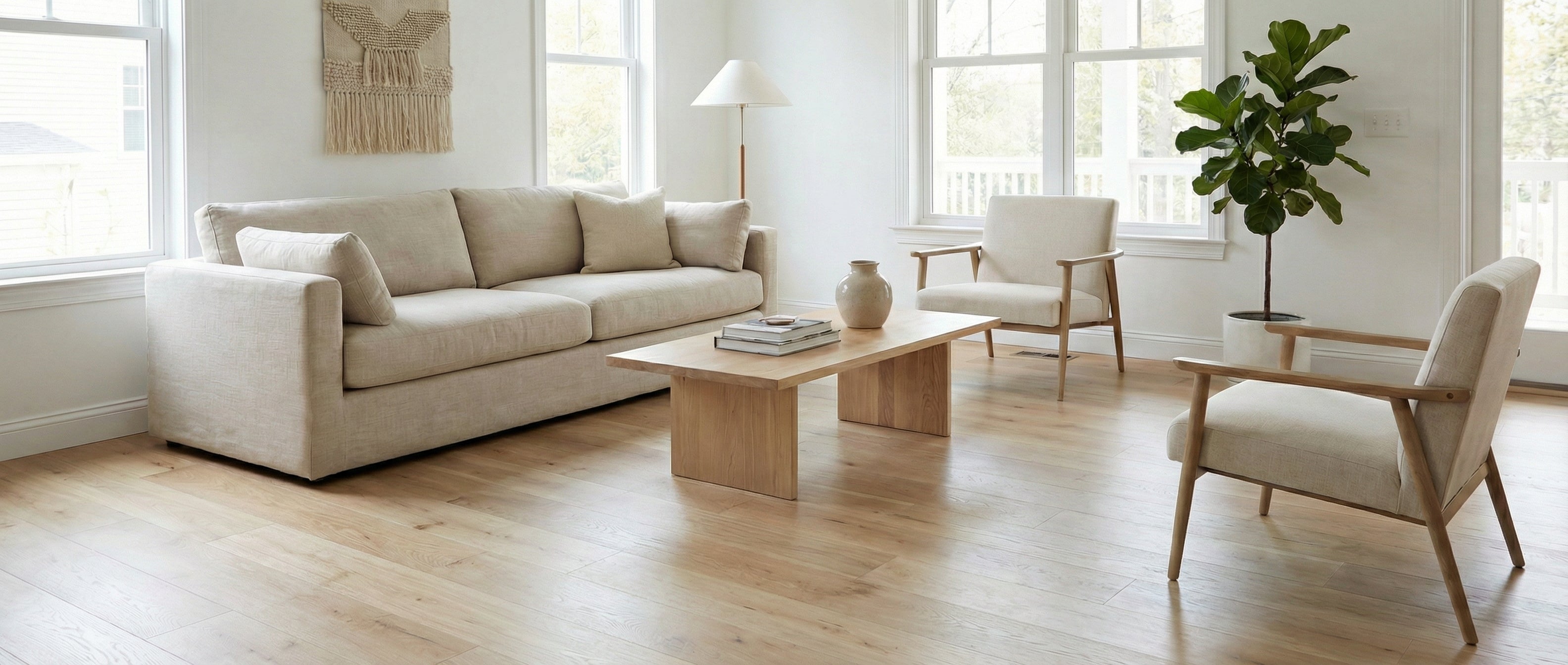 Pièce lumineuse avec plancher en bois clair, canapé beige, deux chaises, table basse. Espace à transformer pour un tapis rond