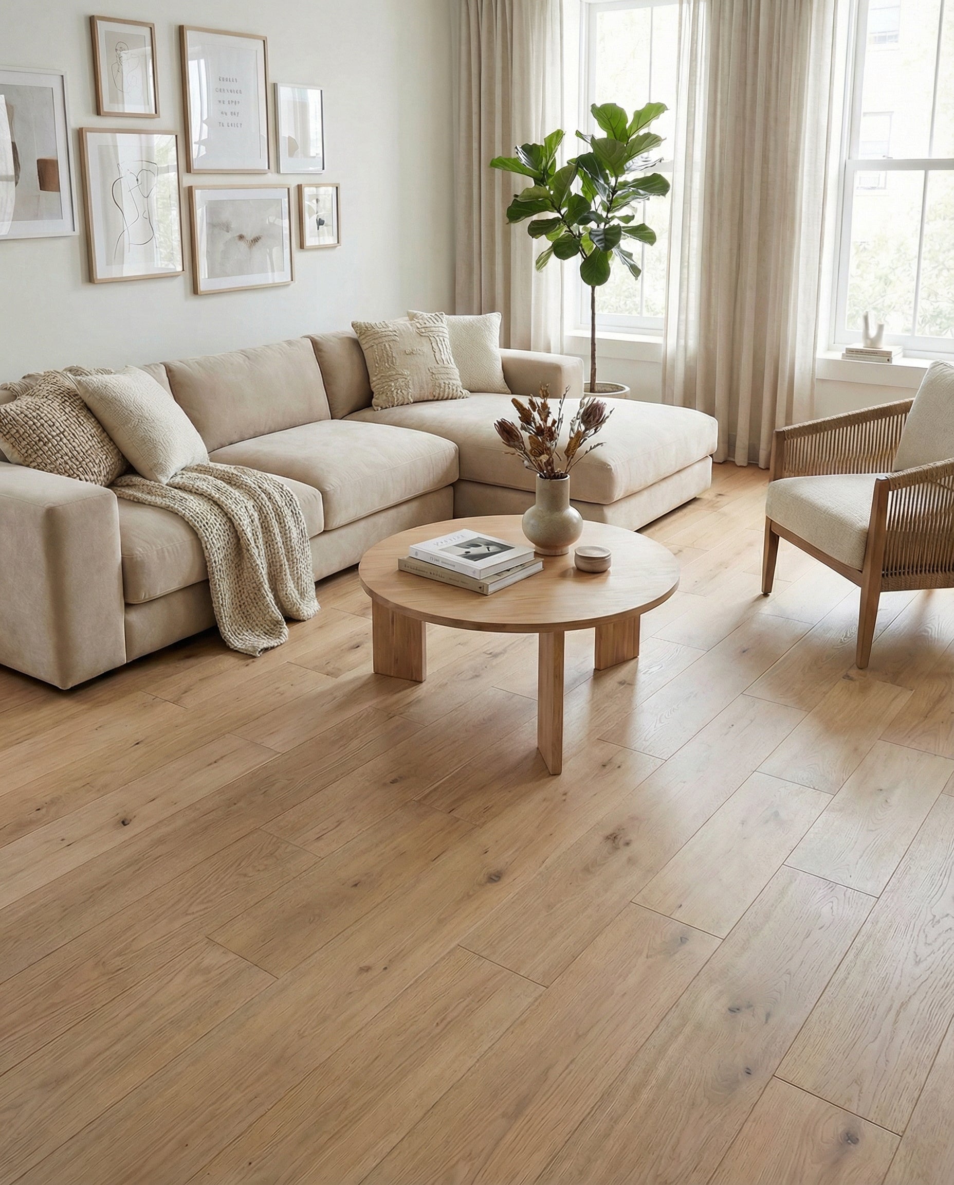 Potentiel d'un tapis rond ivoire dans cette pièce. Le sol en bois clair complète l'espace