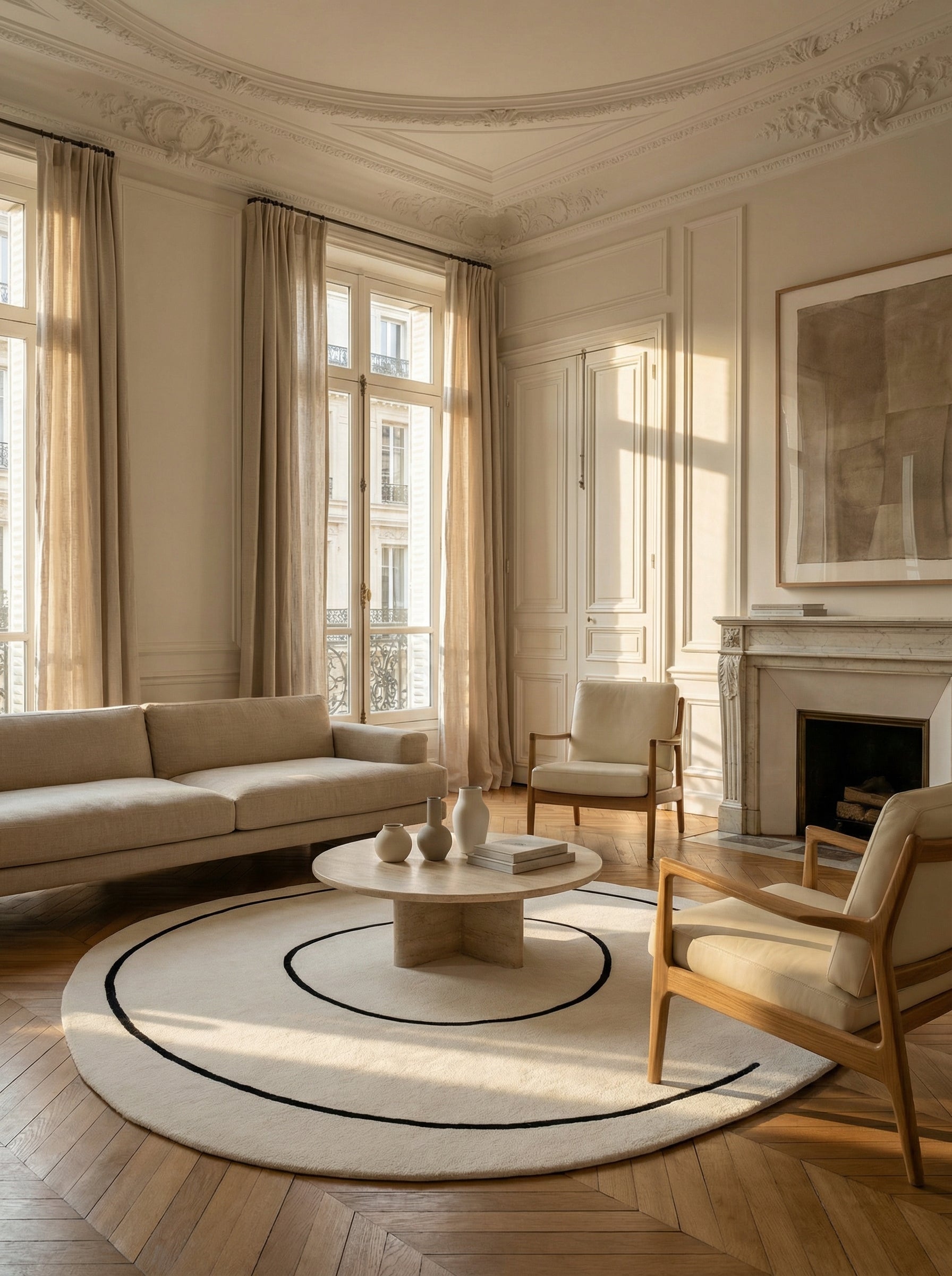 Tapis rond ivoire en laine, élégance classique dans une pièce haussmannienne