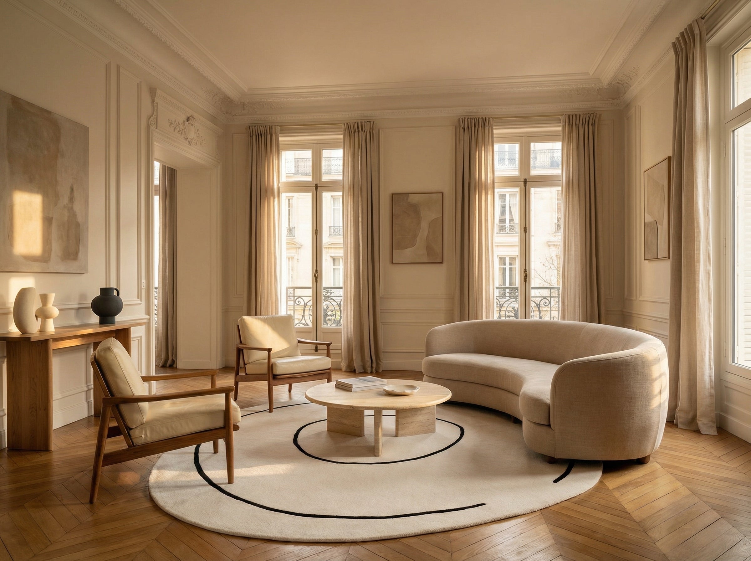 Style déco: minimaliste. Ambiance: lumineuse. Pièce: salon. Tapis rond ivoire à bordure noire. Canapé ovale