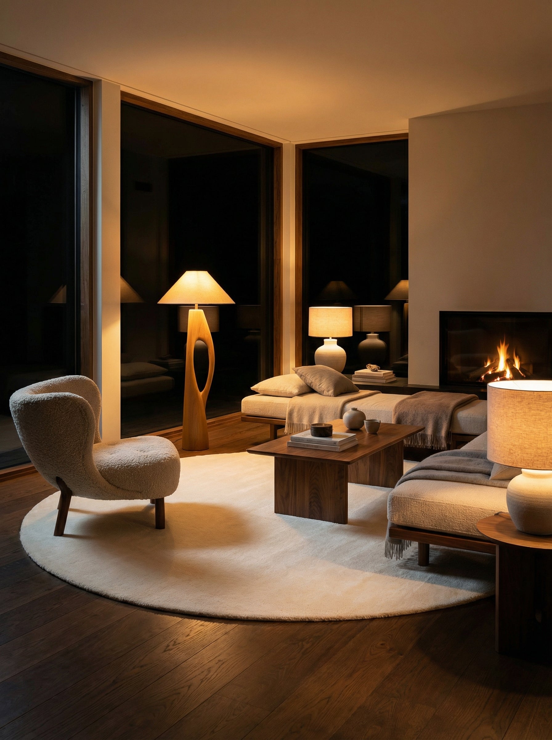 Tapis rond ivoire, pièce chaleureuse. Lumière douce, ambiance soir