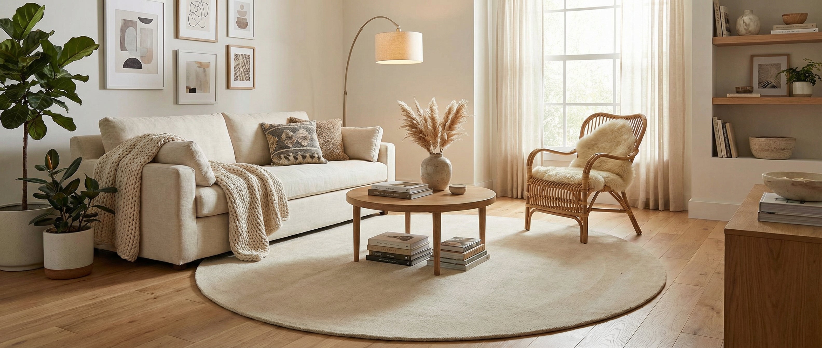 Transformation réussie: un tapis rond ivoire complète la pièce