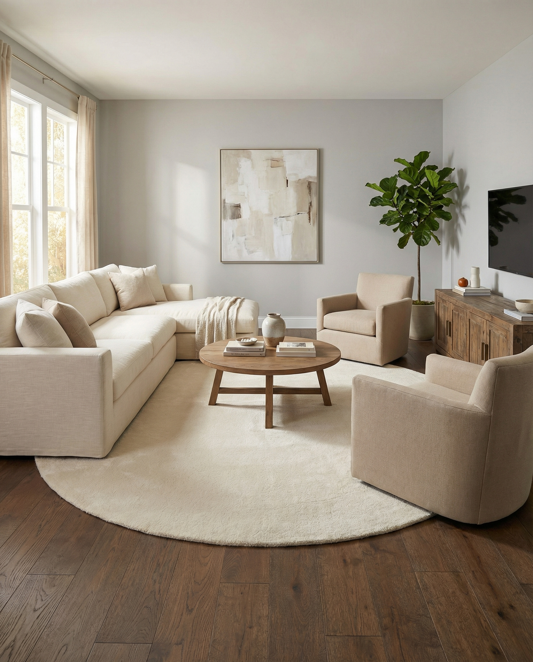 Tapis rond ivoire crée harmonie dans la pièce. Le type de tapis est en laine