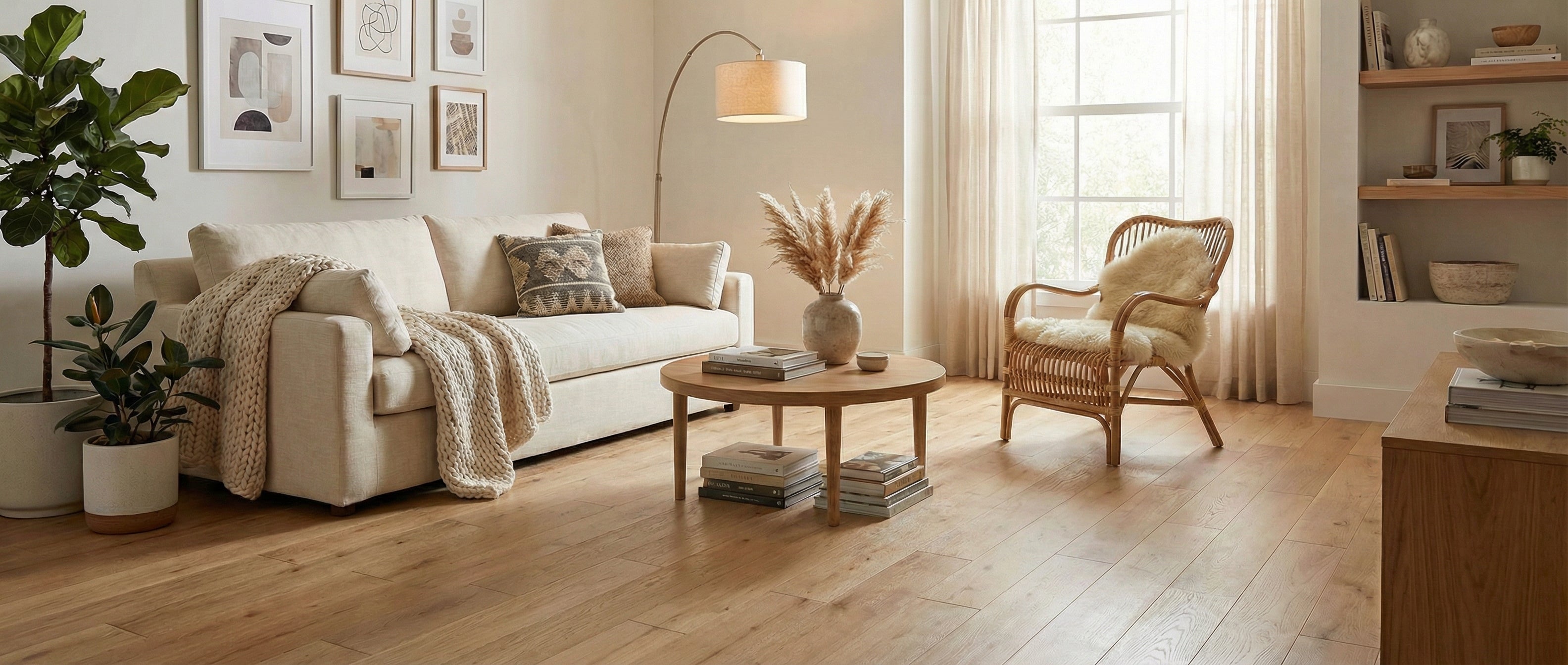 Pièce avec plancher de bois clair, canapé ivoire, table ronde, chaise en rotin. Espace à transformer pour un tapis