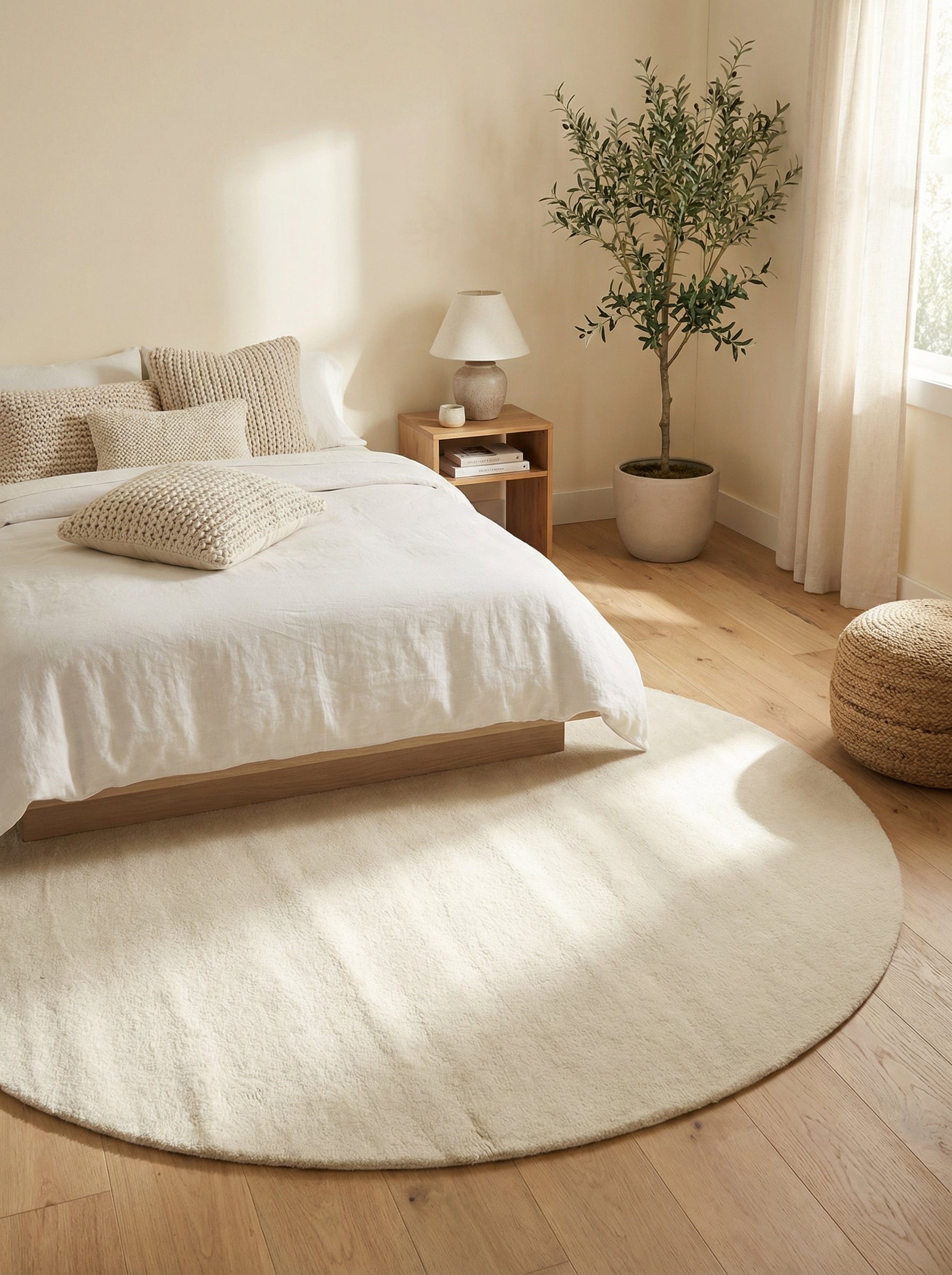 Tapis rond ivoire en laine dans une chambre, créant une ambiance apaisante