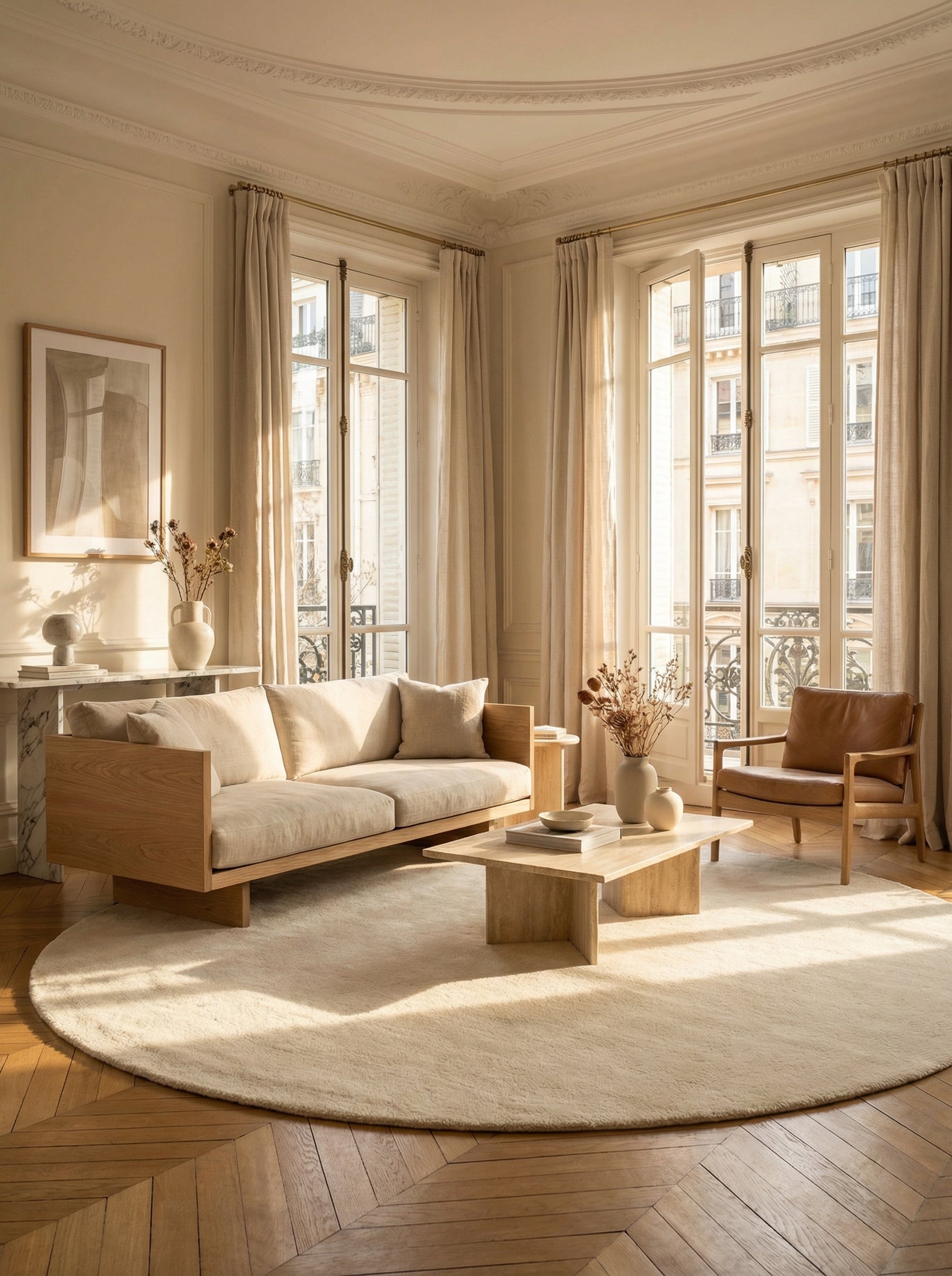 Tapis rond en laine ivoire, élégance classique dans une pièce haussmannienne