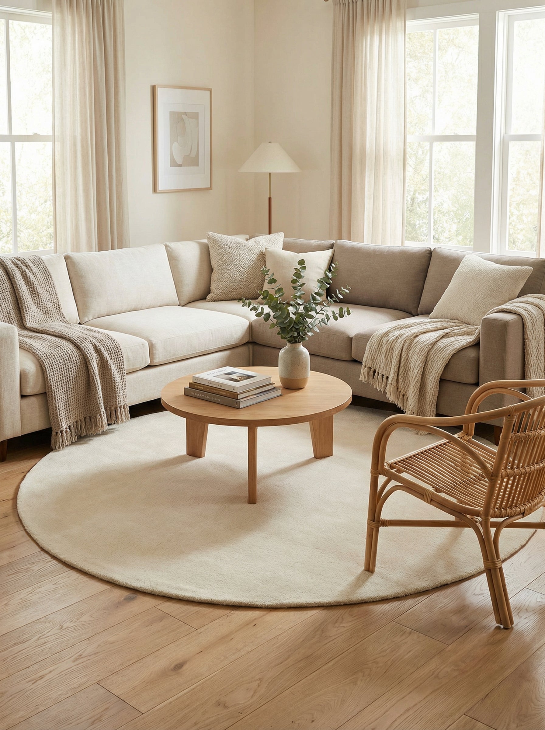 Tapis rond ivoire en laine dans une pièce moderne au design épuré, créant une harmonie