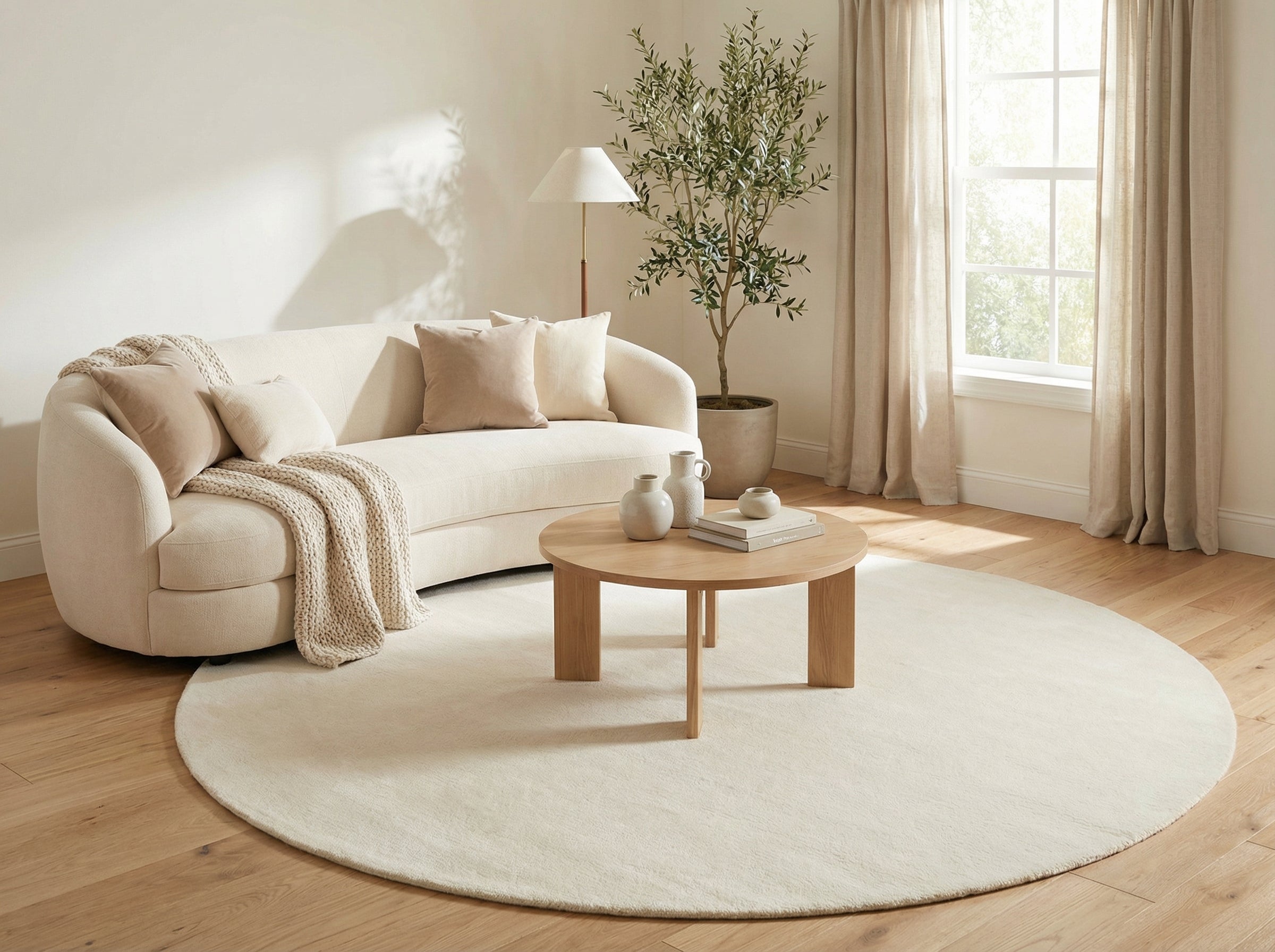 Style déco minimaliste, ambiance zen. Pièce lumineuse, tapis rond ivoire en laine