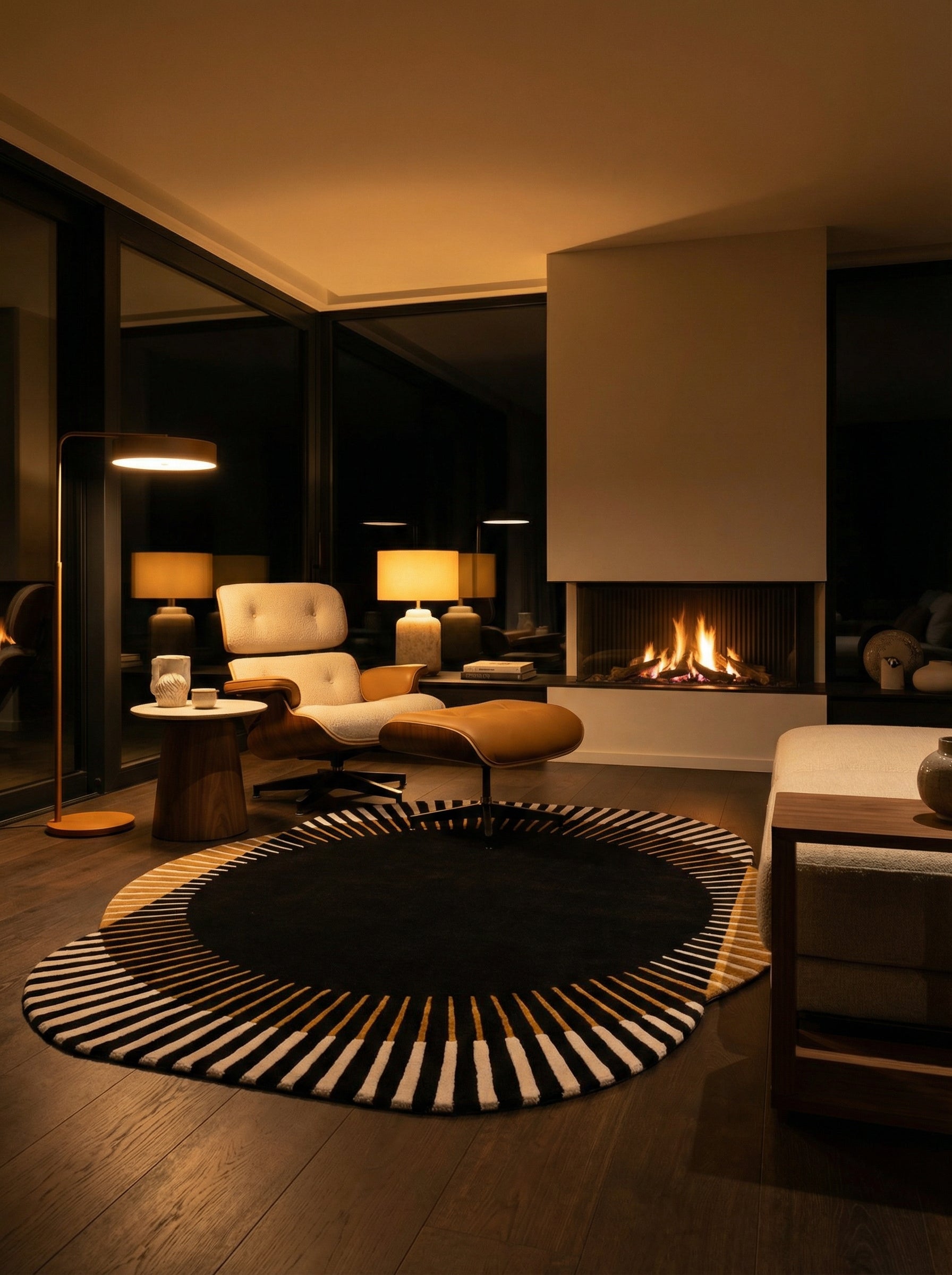 Tapis rond noir et blanc, pièce chaleureuse, lumière douce. Ambiance soir
