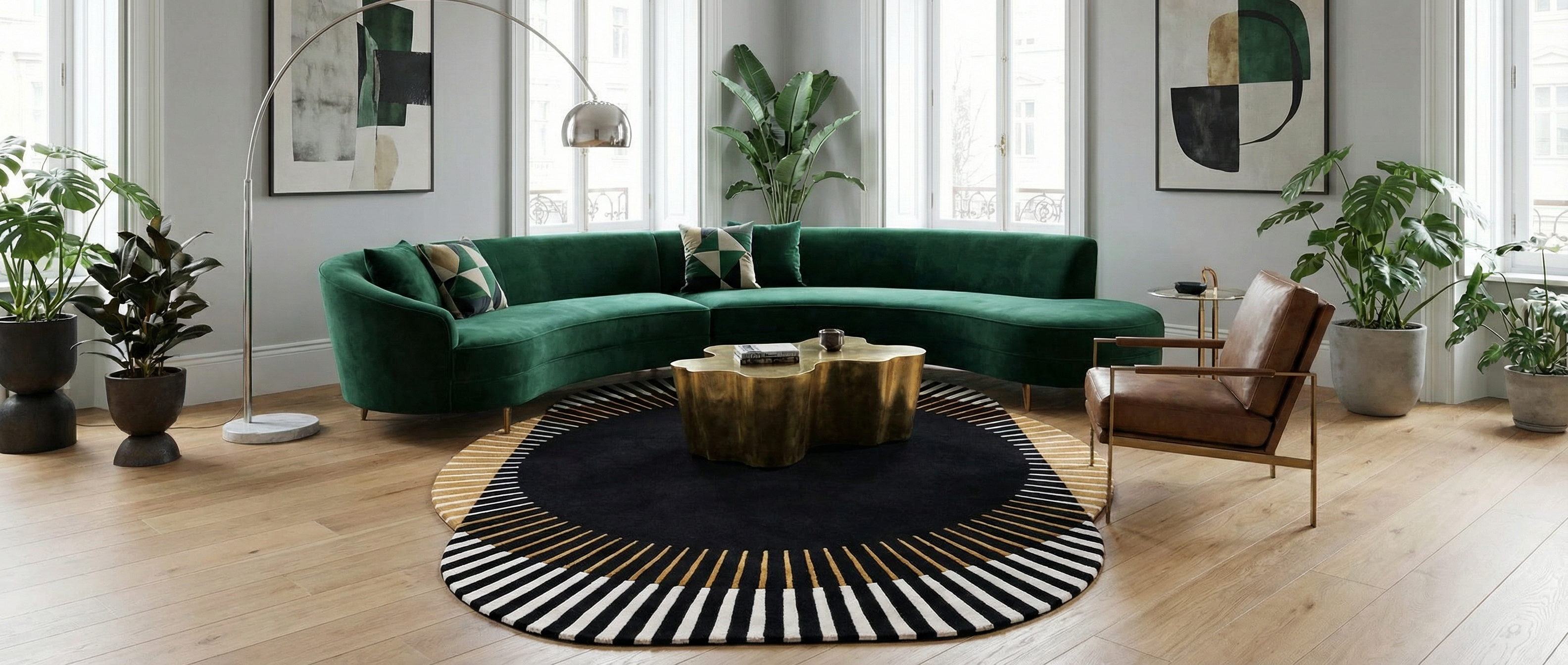Pièce transformée après le tapis rond noir. Le type de tapis, la couleur et la pièce sont parfaits