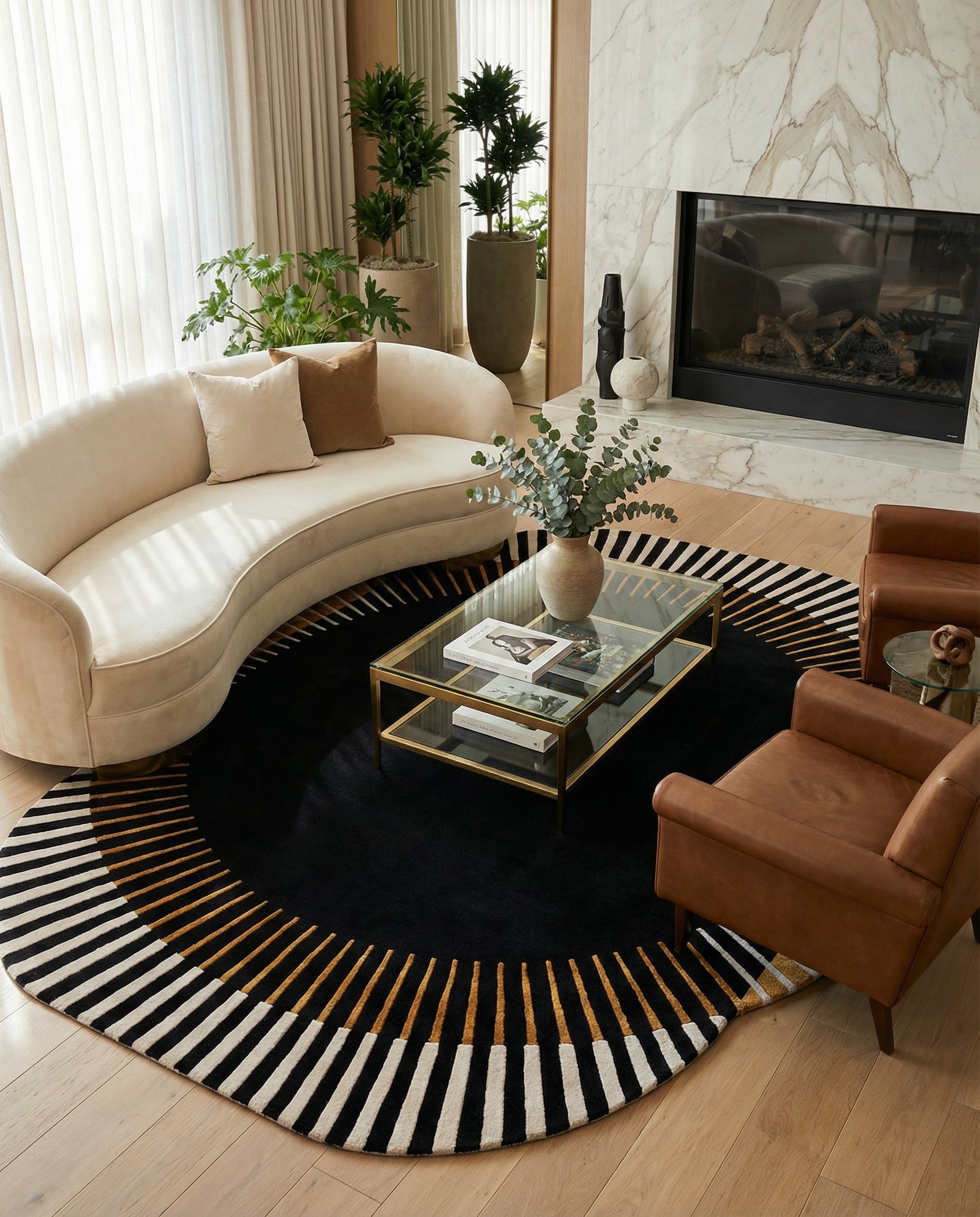 Tapis rond noir, blanc, or crée harmonie dans la pièce. Le type de tapis et la couleur s'accordent