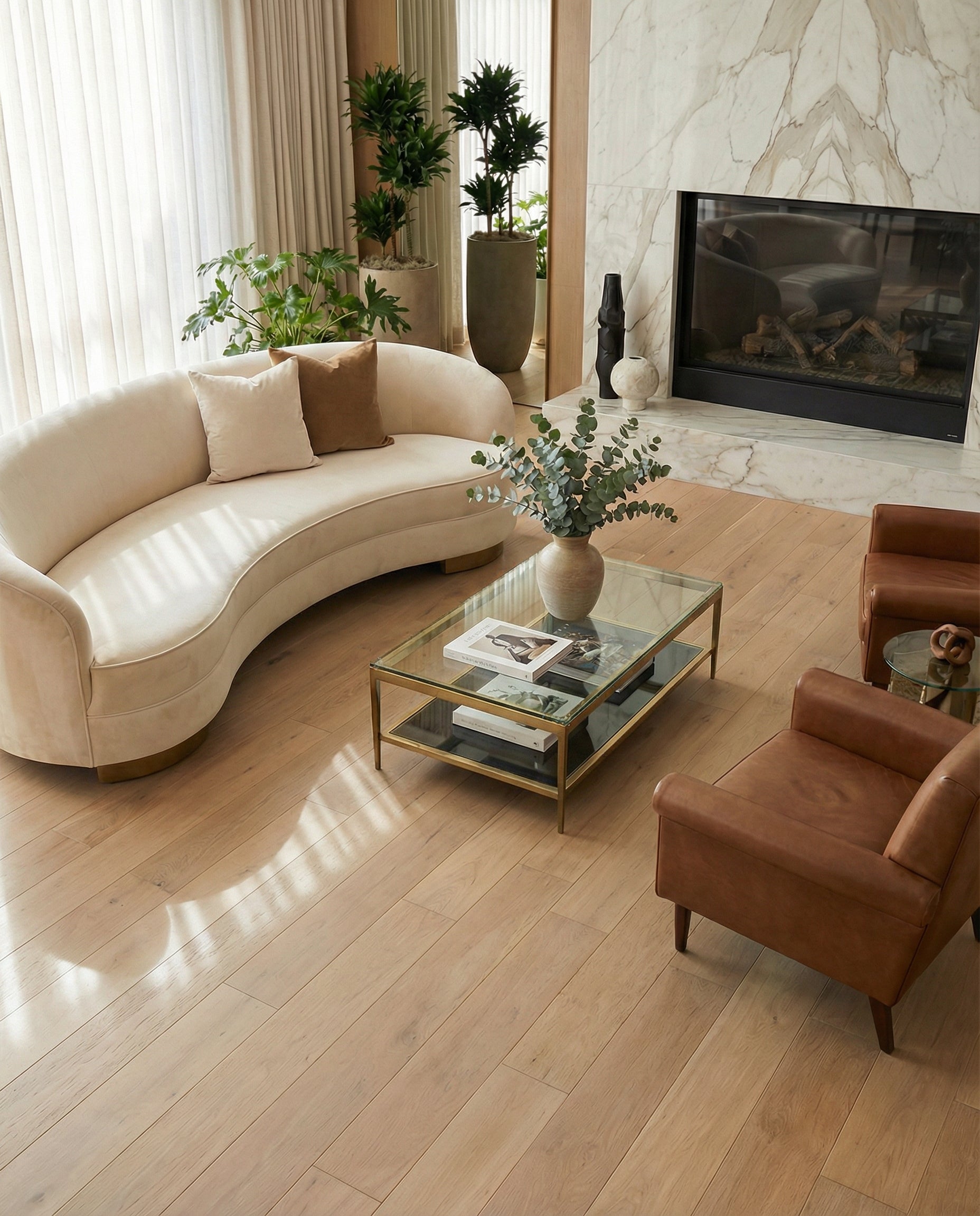 Pièce avec plancher en bois clair, potentiel tapis rond, canapé incurvé, fauteuils en cuir, cheminée en marbre, plantes,
