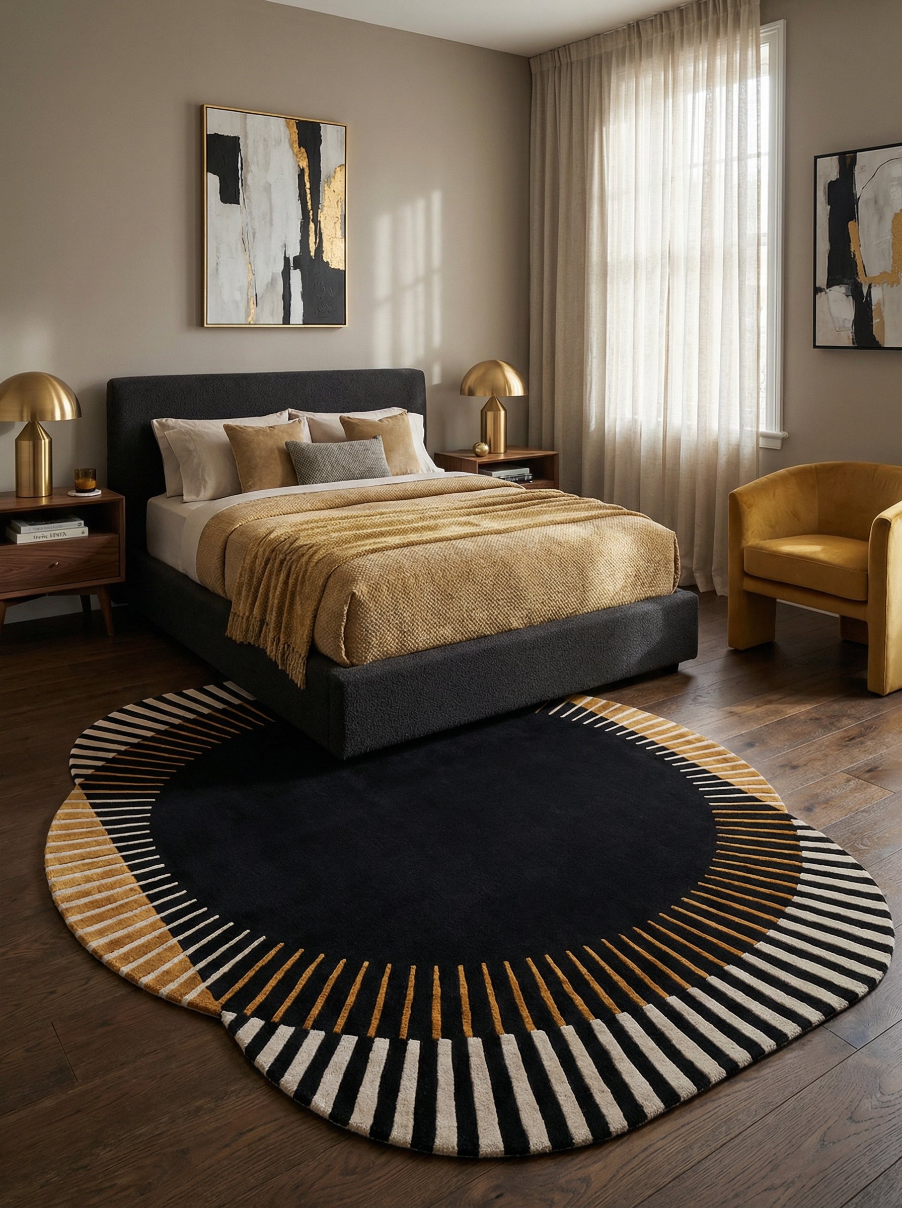 Tapis rond noir et ambre dans une chambre, ambiance apaisante. Type de tapis en laine et tencel